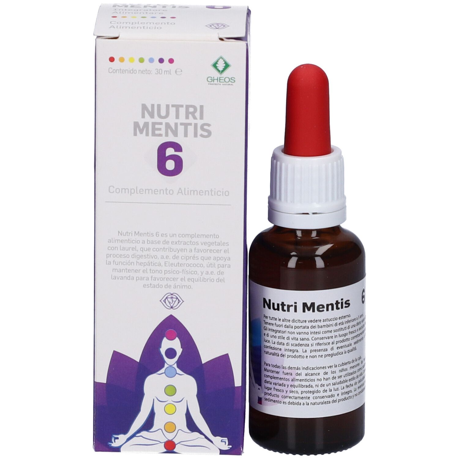 Confezione del prodotto e flacone. Sulla confezione: Nutri Mentis 6. Flacone con contagocce rosso.