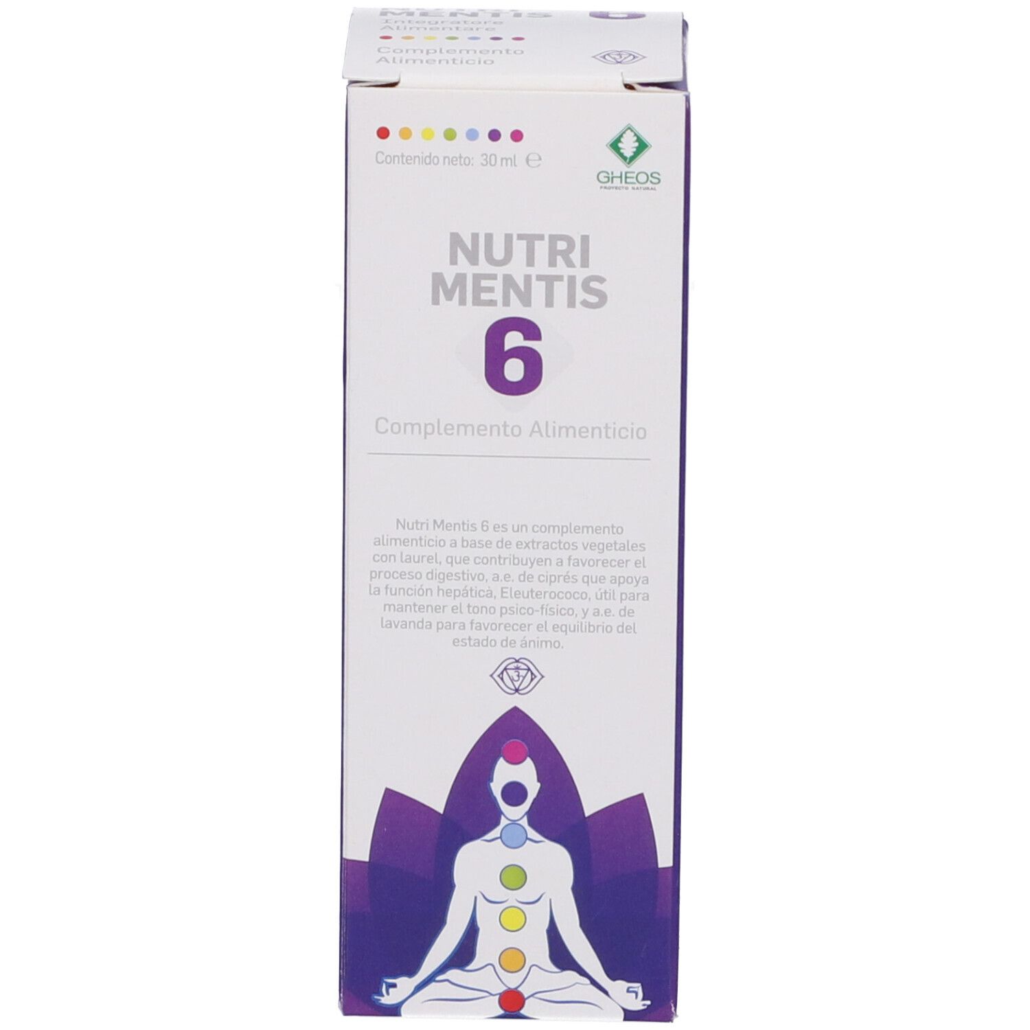 Confezione del prodotto. Sulla confezione: Nutri Mentis 6. Illustrazione di una persona con chakra.