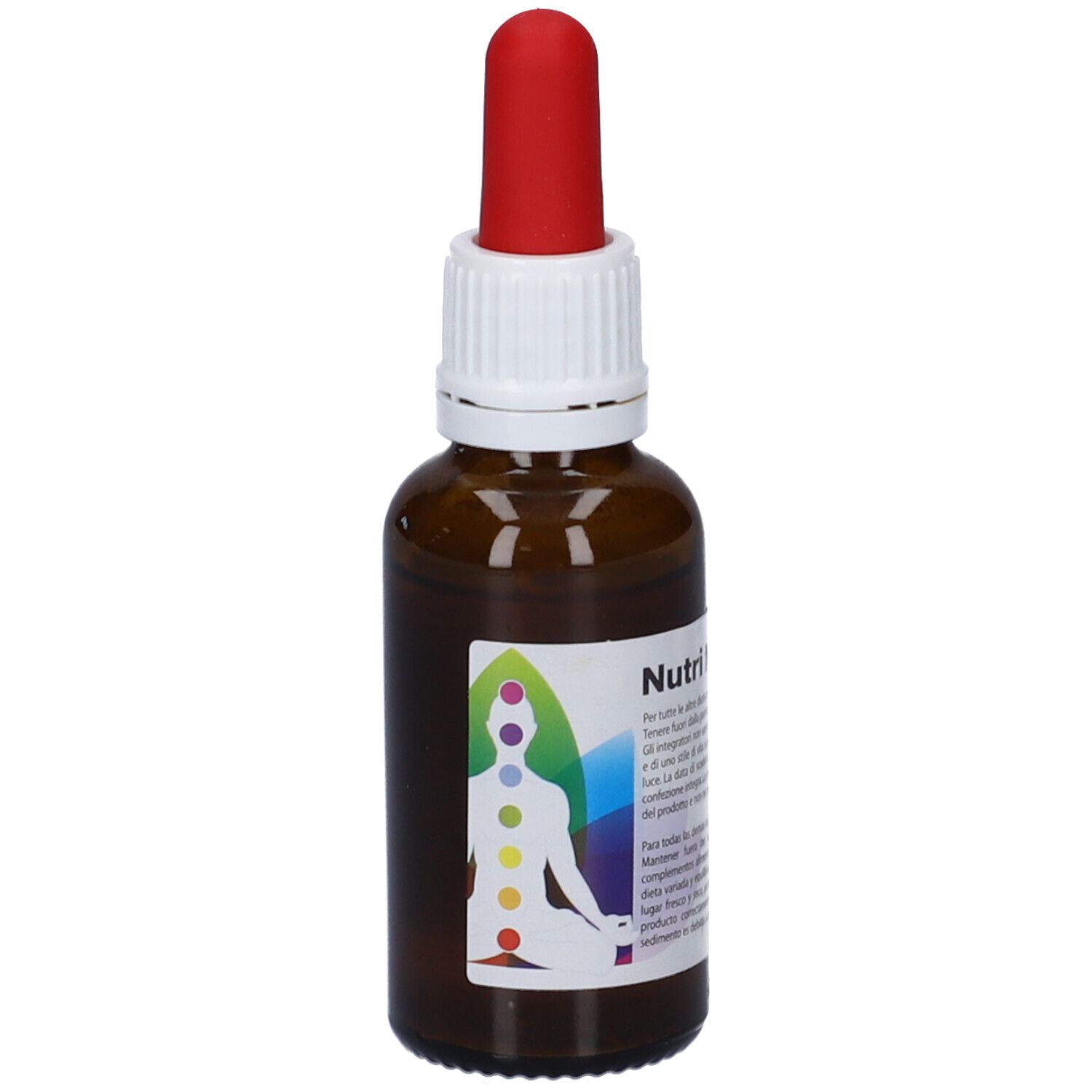 Flacone di vetro marrone con contagocce rosso. Scritta: Nutri Mentis Iper. Etichetta con design chakra colorato e testo.