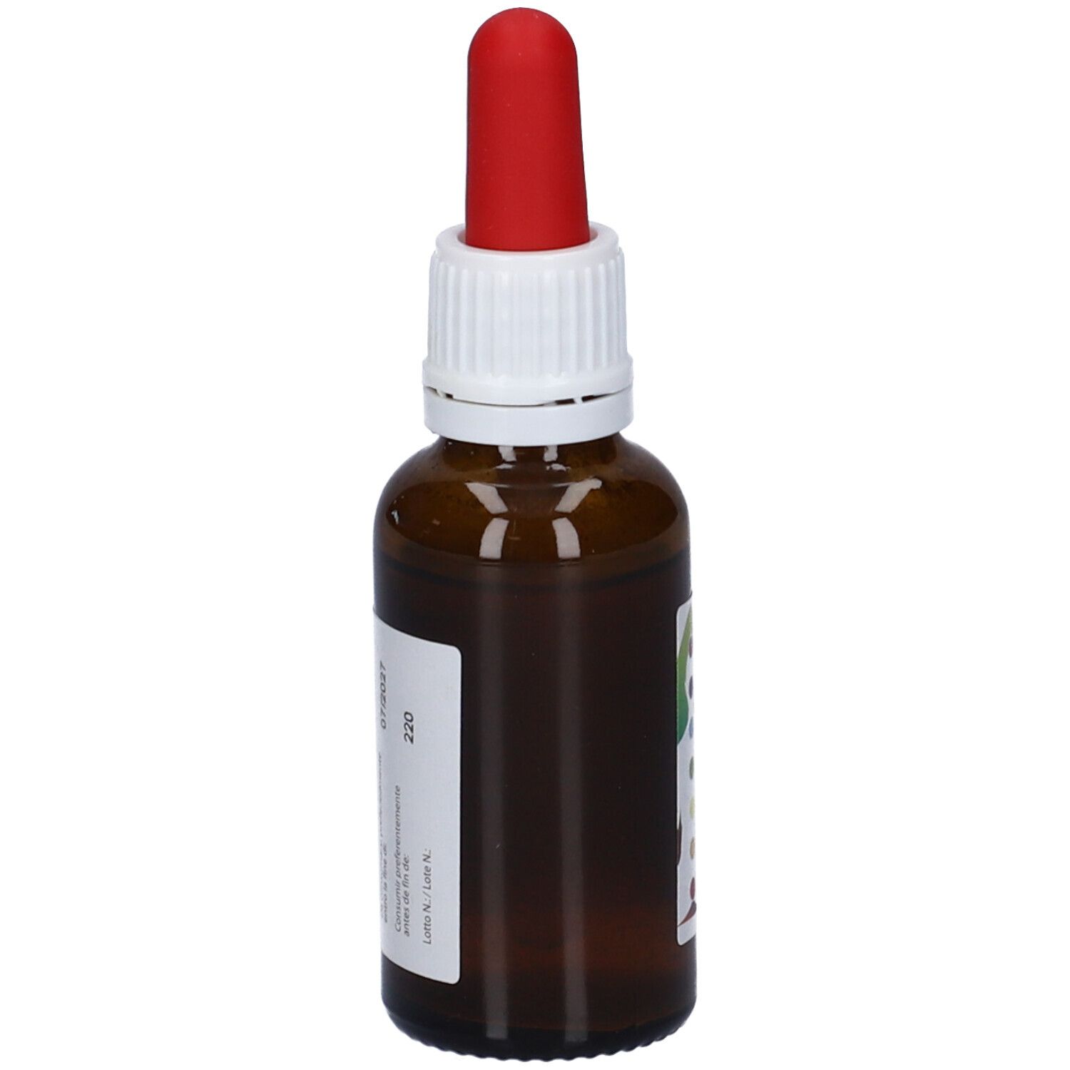 Flacone di vetro marrone con contagocce rosso. Scritta: Nutri Mentis Iper. Etichetta con testo e numero di lotto.