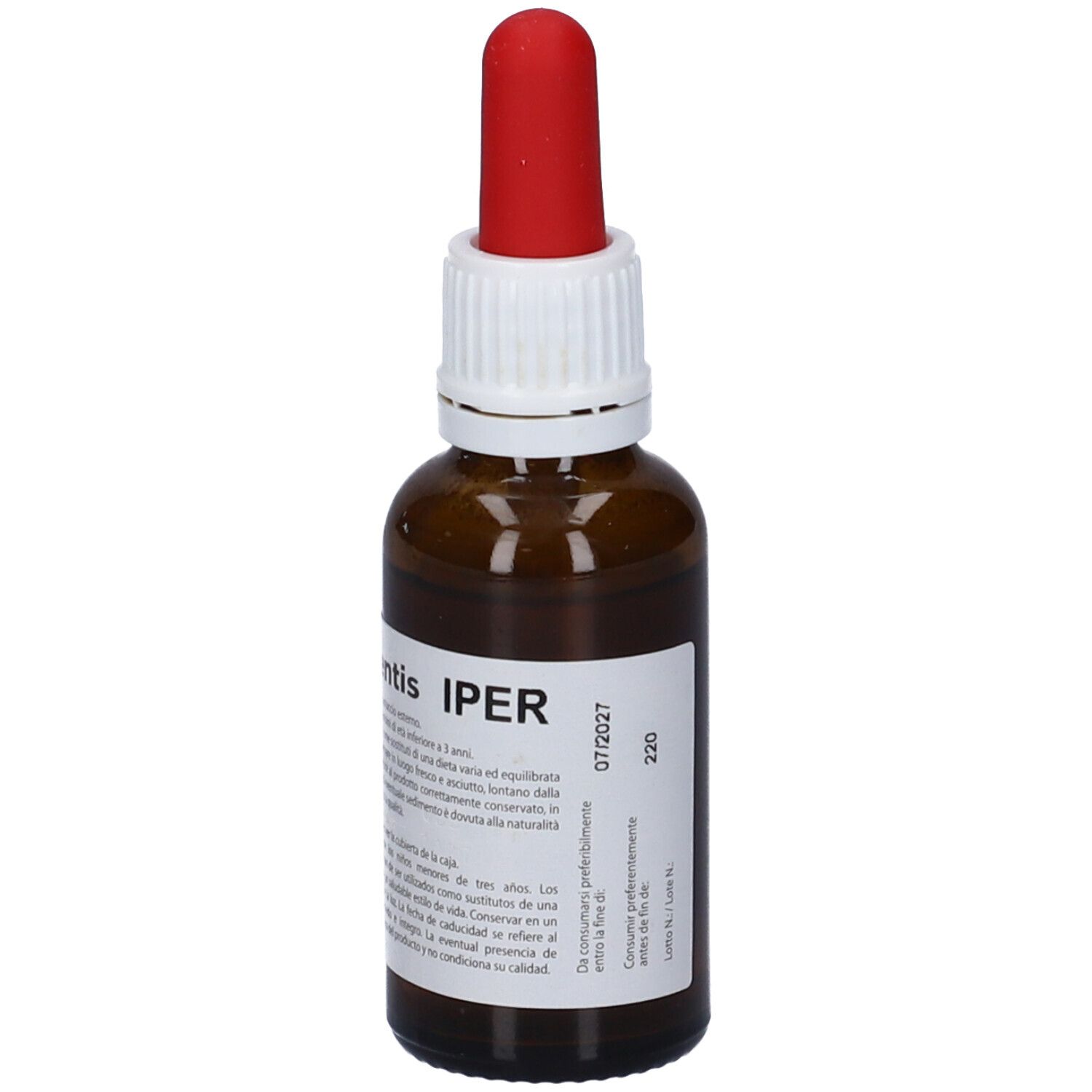 Flacone di vetro marrone con contagocce rosso. Scritta: Nutri Mentis Iper. Etichetta con testo e data di scadenza.