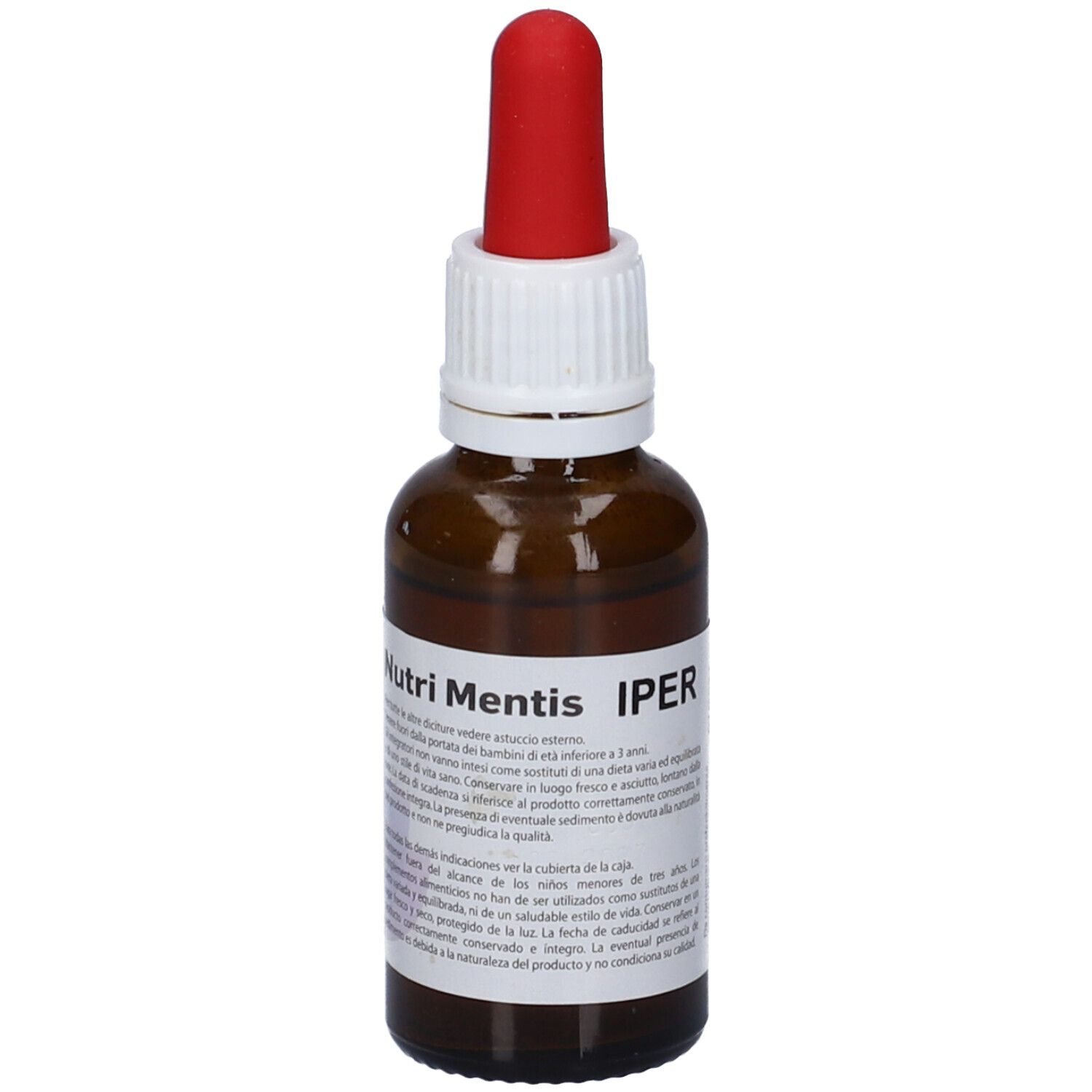 Flacone di vetro marrone con contagocce rosso. Scritta: Nutri Mentis Iper. Etichetta con testo in italiano.
