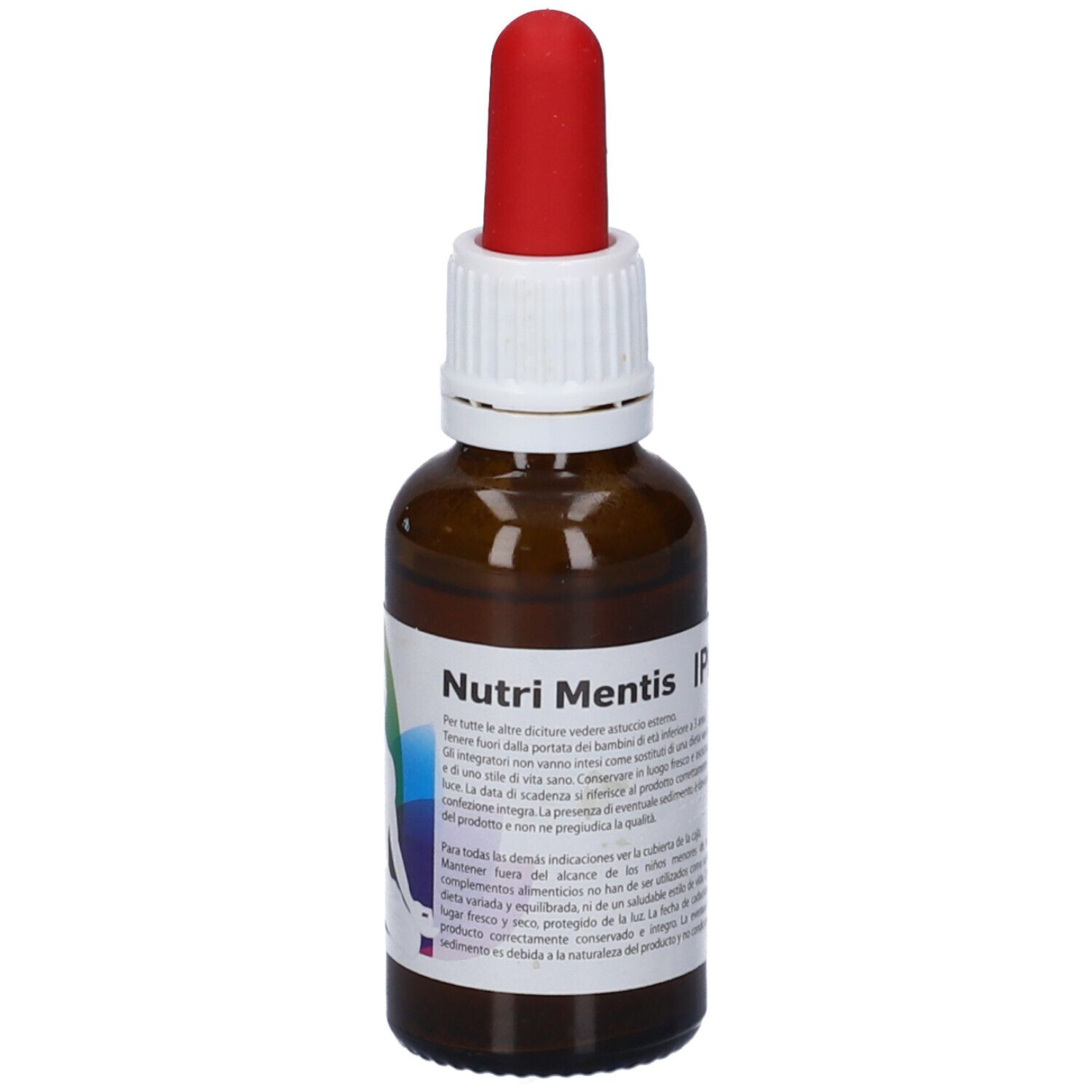 Flacone di vetro marrone con contagocce rosso. Scritta: Nutri Mentis Iper. Etichetta con testo in italiano.