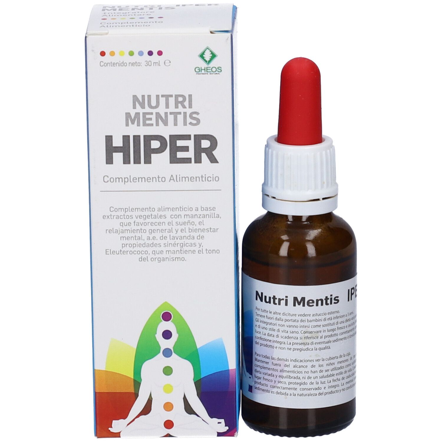Confezione e flacone. Scritta: Nutri Mentis Hiper. Flacone con contagocce rosso. Confezione con testo e logo.