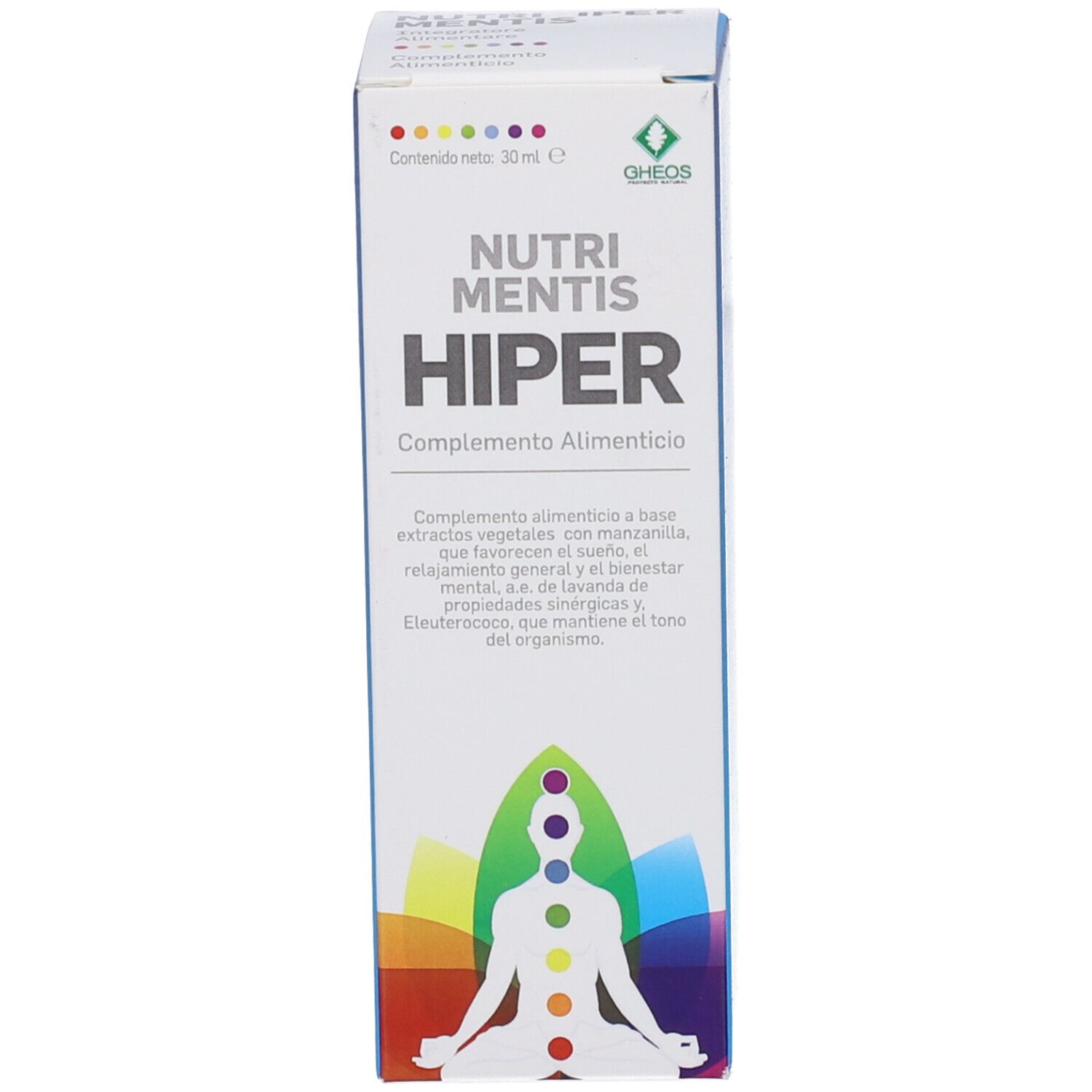 Confezione del prodotto. Scritta: Nutri Mentis Hiper. Testo e logo. Design con cerchi colorati e una persona.