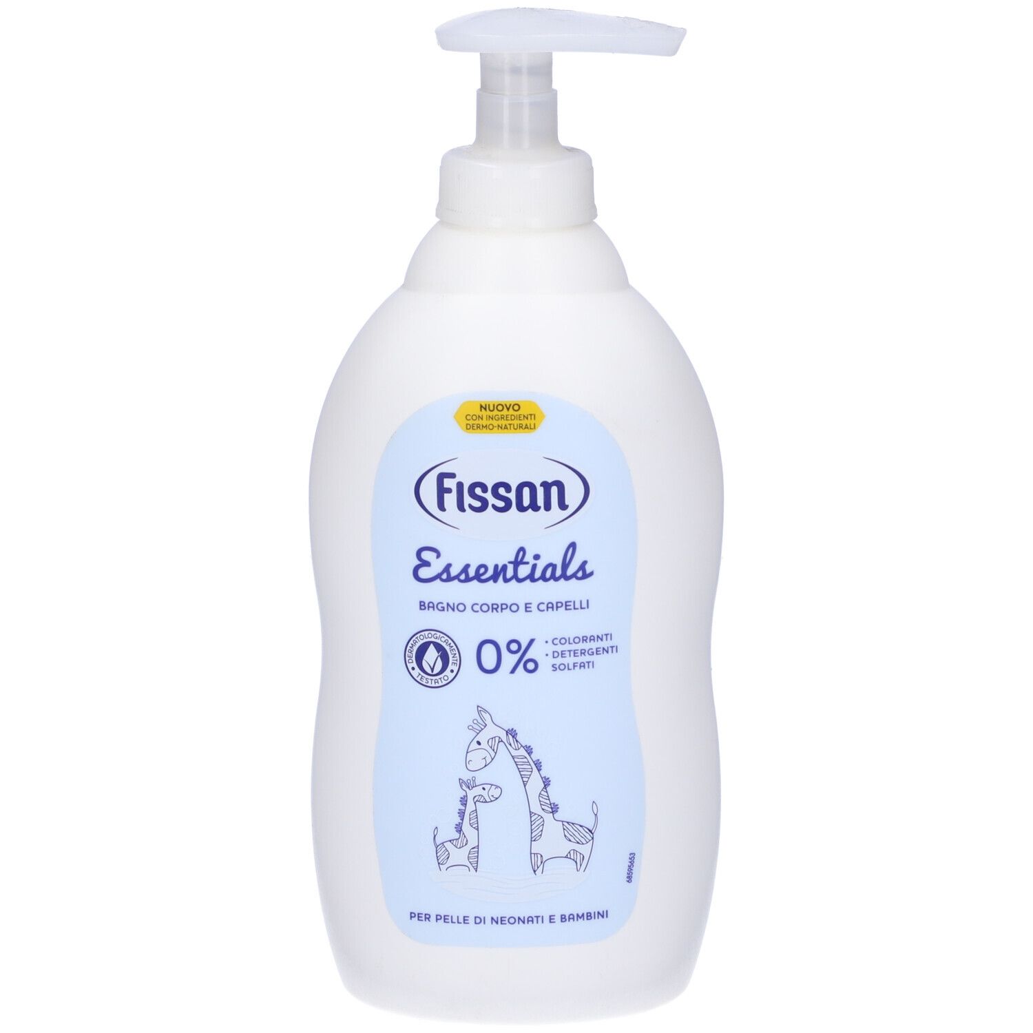 Flacone bianco con dosatore. Scritta: Fissan Essentials, 0%, Bagno & Capelli. Immagine: Giraffe.