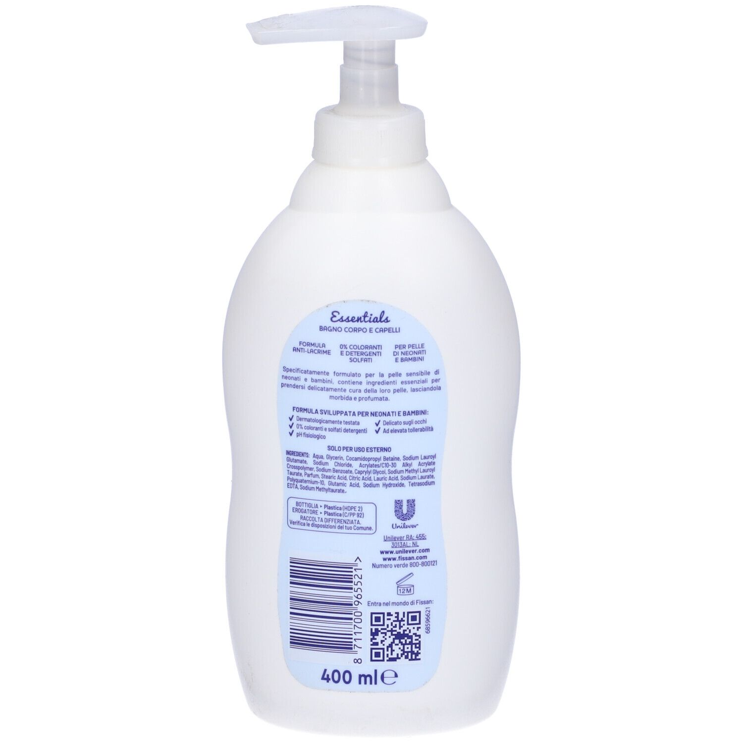 Flacone bianco con dosatore, retro. Scritta: Fissan Essentials, 400 ml.