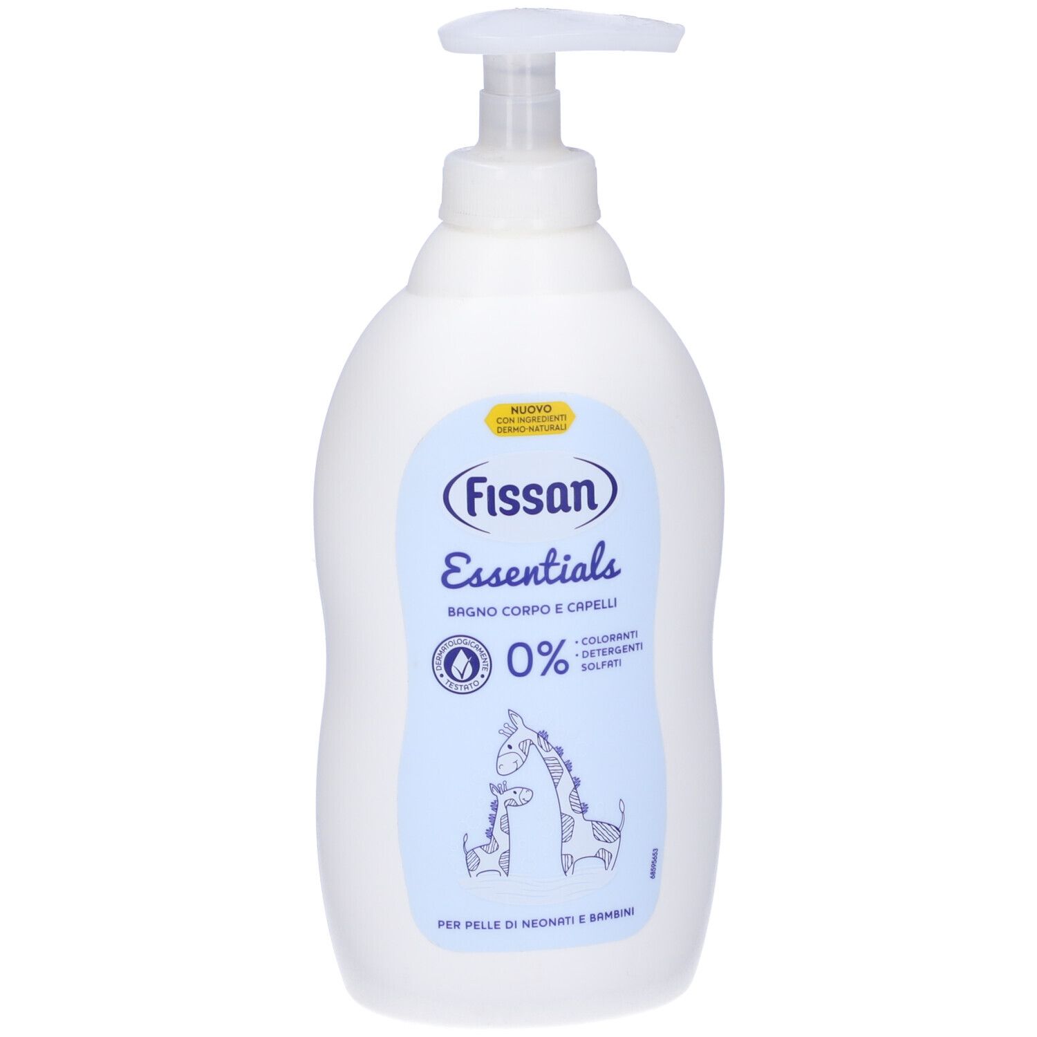 Flacone bianco con dosatore. Scritta: Fissan Essentials, 0%, Bagno & Capelli. Immagine: Giraffe.
