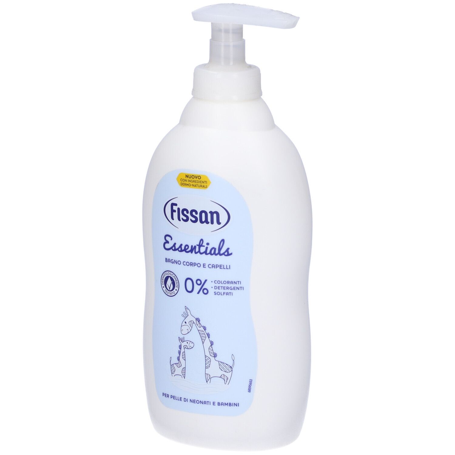 Flacone bianco con dosatore. Scritta: Fissan Essentials, 0%, Bagno & Capelli. Immagine: Giraffe.