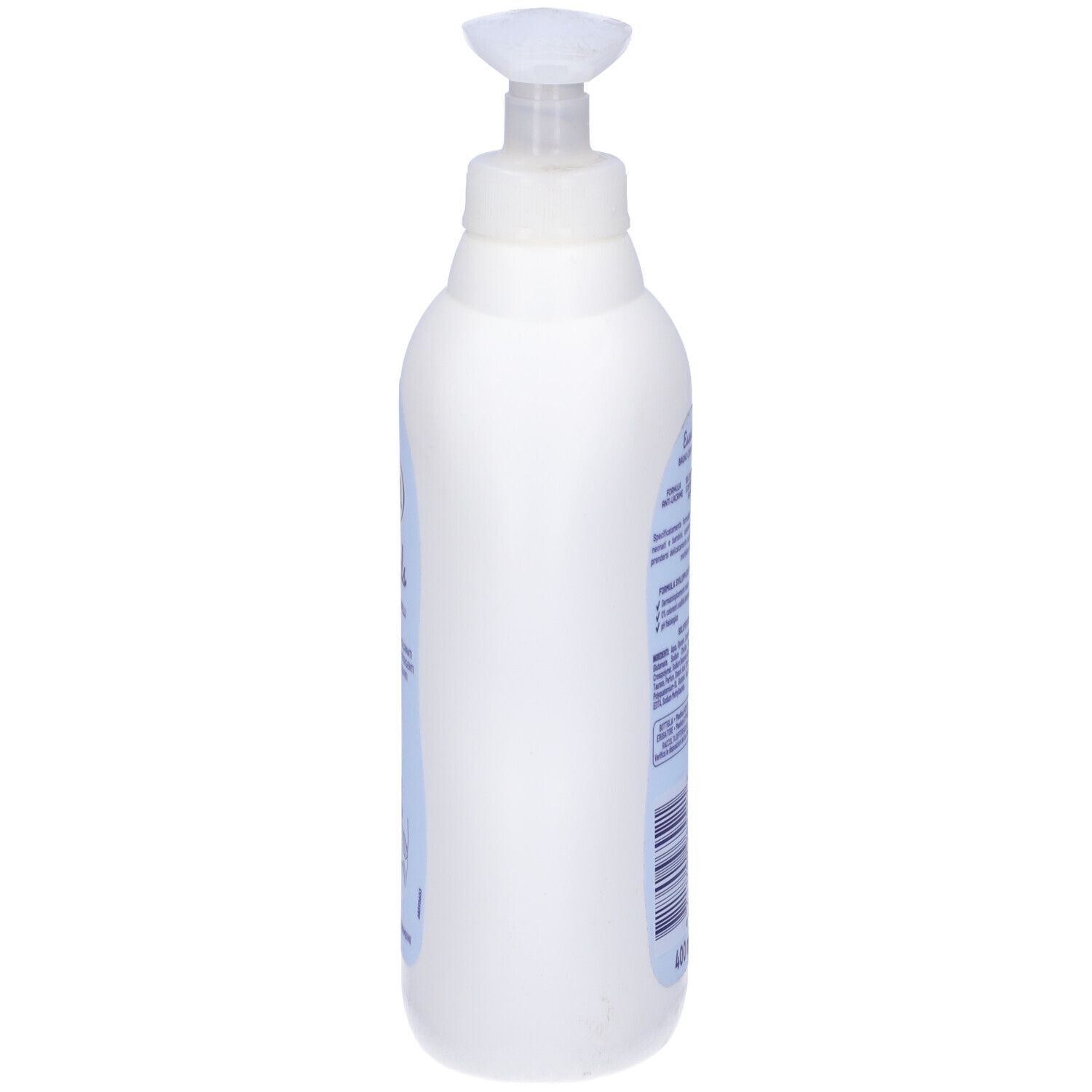 Flacone bianco con dosatore, vista laterale. Scritta: Fissan Essentials.