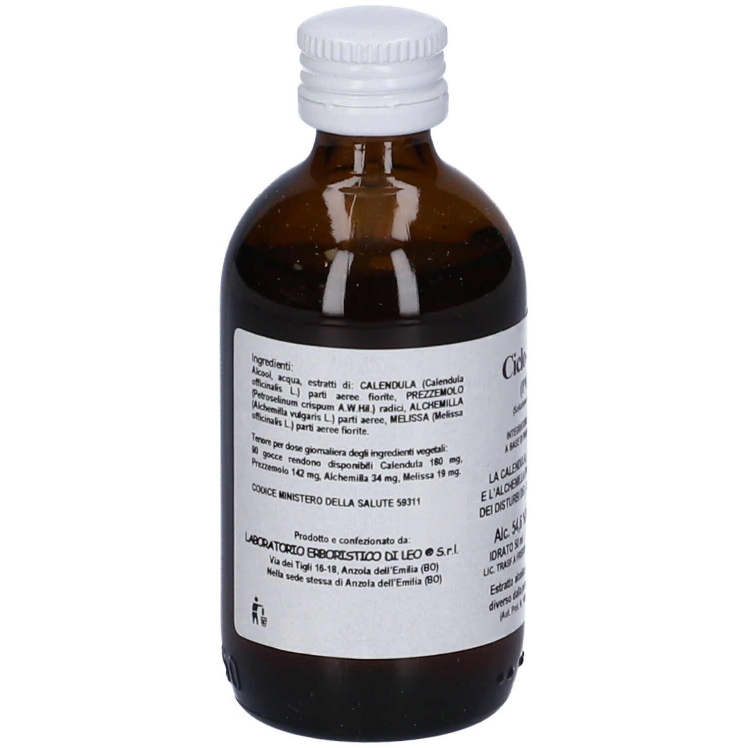 Retro del flacone di vetro marrone con tappo bianco. Etichetta con ingredienti e informazioni produttore. Testo.