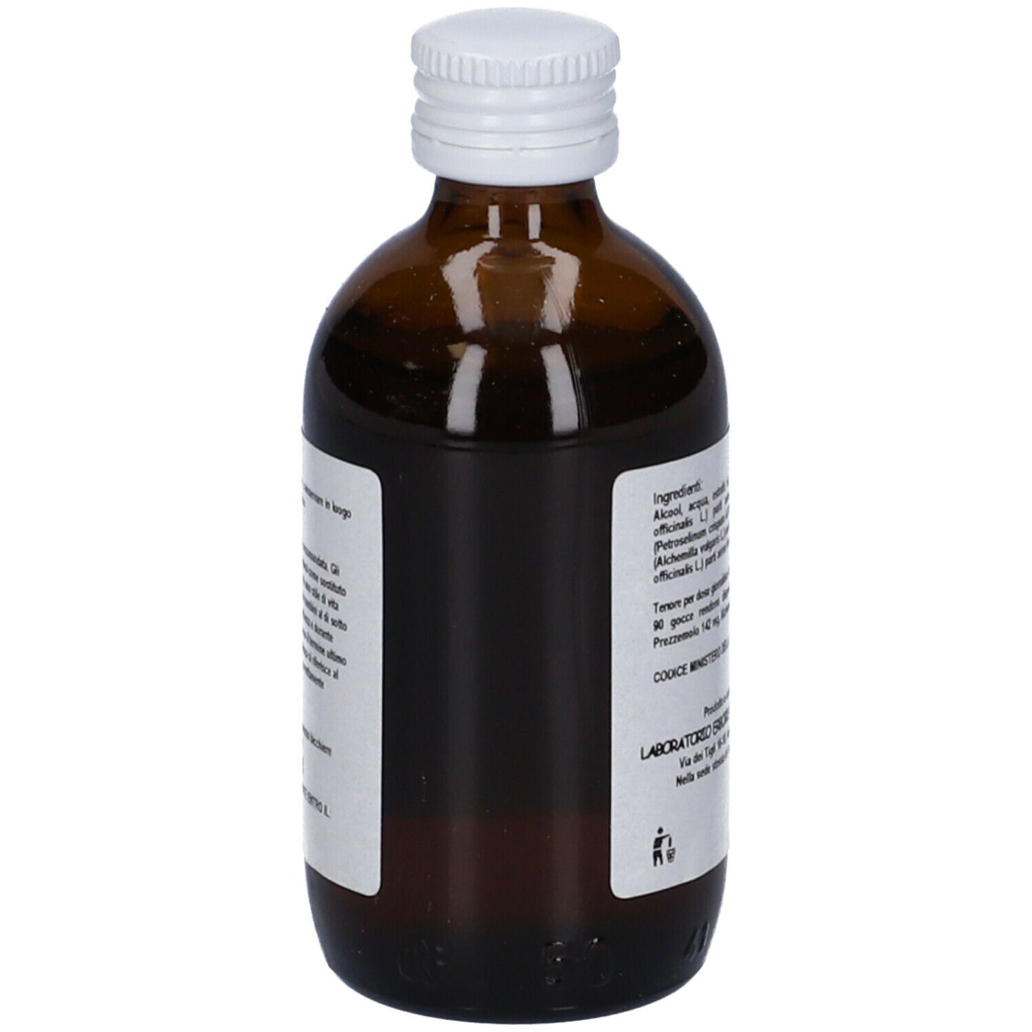 Retro del flacone di vetro marrone con tappo bianco. Etichetta con ingredienti e informazioni produttore. Testo.