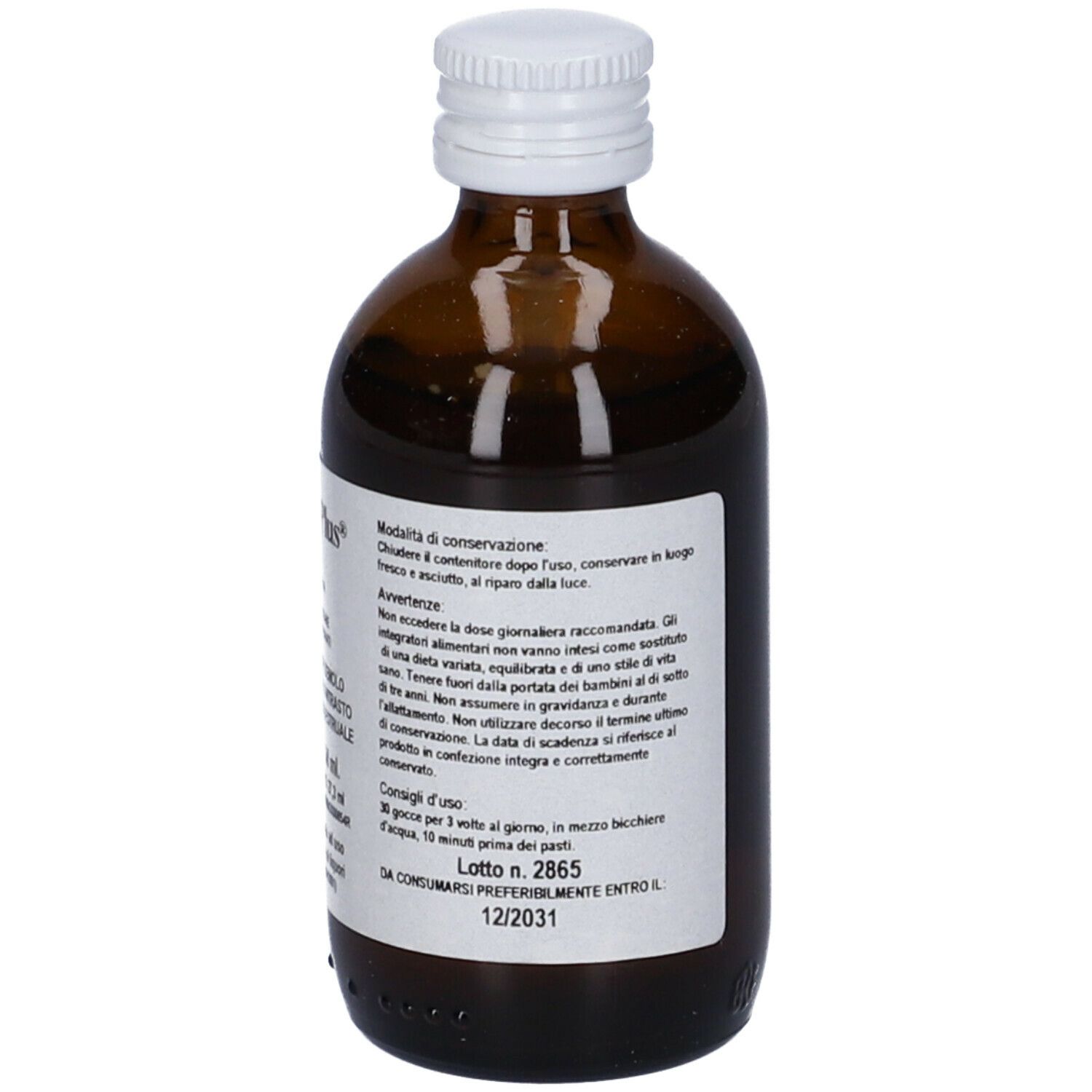 Retro del flacone di vetro marrone con tappo bianco. Etichetta con istruzioni per l'uso e data di scadenza. Testo.