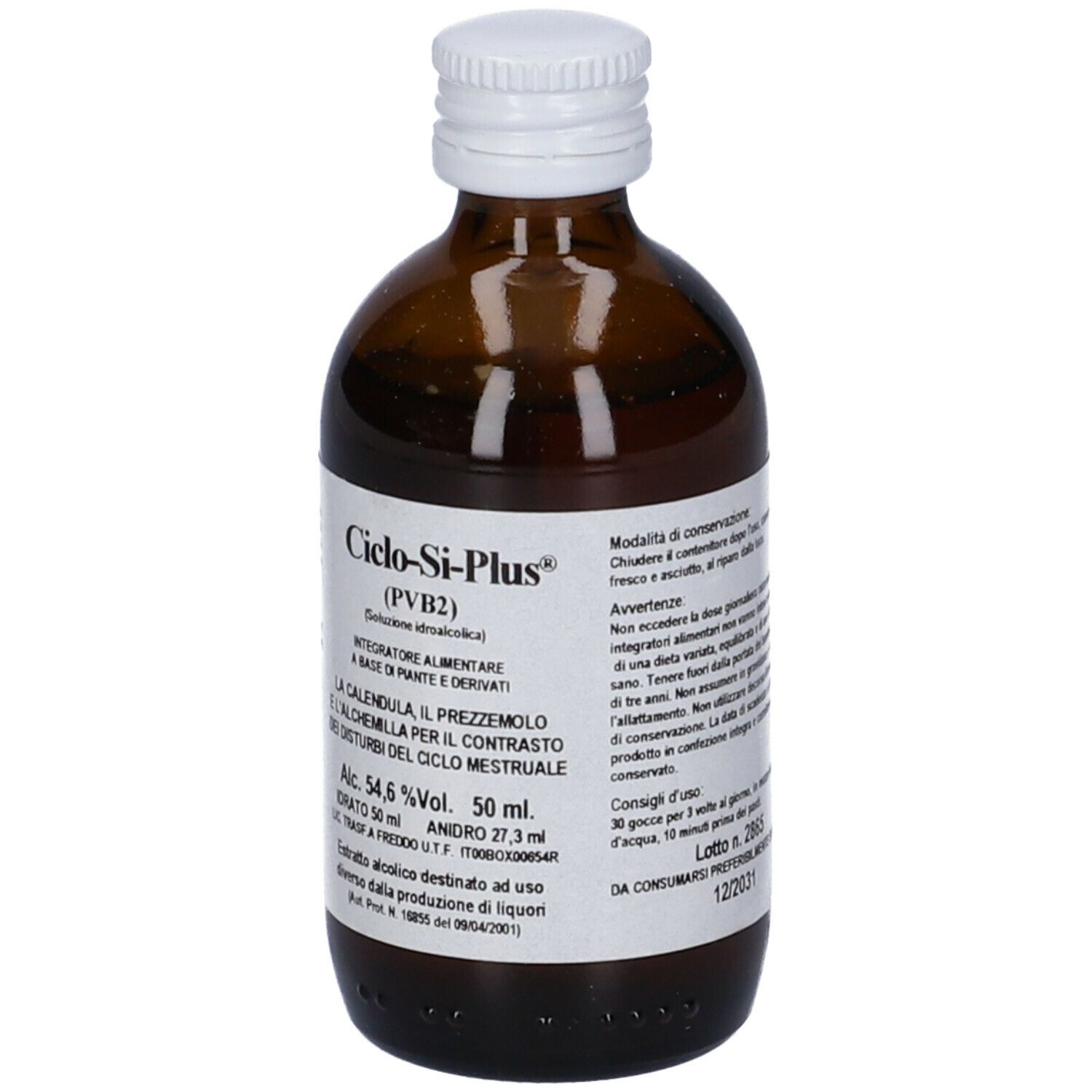 Flacone di vetro marrone con tappo bianco. Etichetta con nome del prodotto e informazioni. Testo visibile.