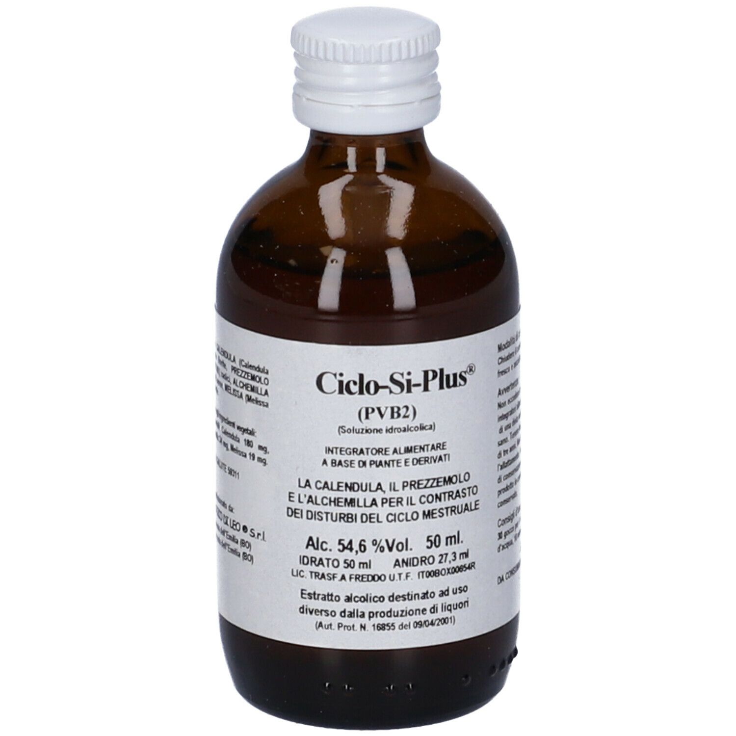 Flacone di vetro marrone con tappo bianco. Etichetta con nome del prodotto e informazioni. Testo visibile.