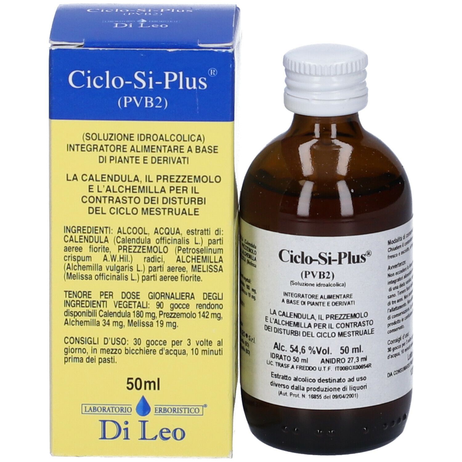 Flacone e scatola del prodotto. Flacone marrone, scatola blu. Nome del prodotto e informazioni su entrambi.