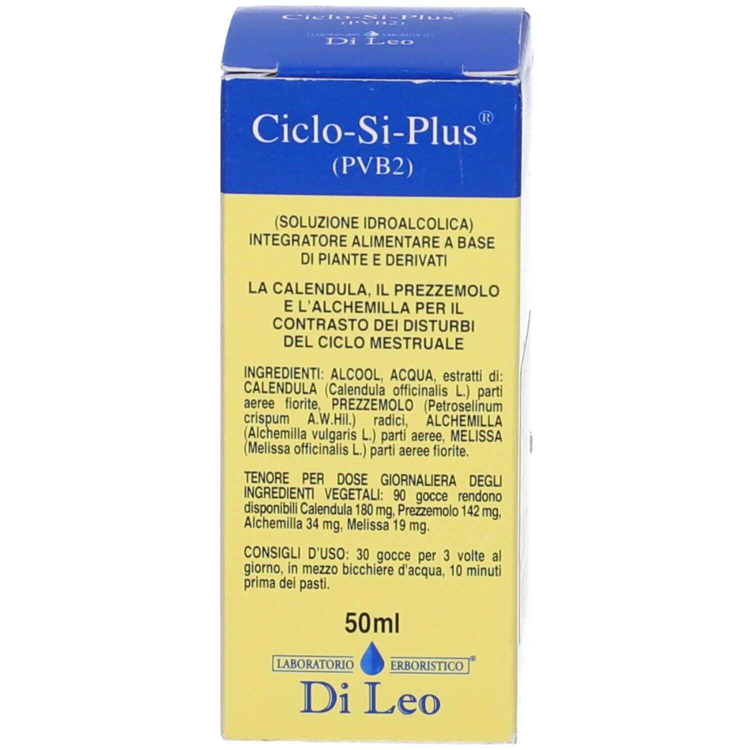 Scatola blu con informazioni sul prodotto. Nome del prodotto e ingredienti visibili. Testo.