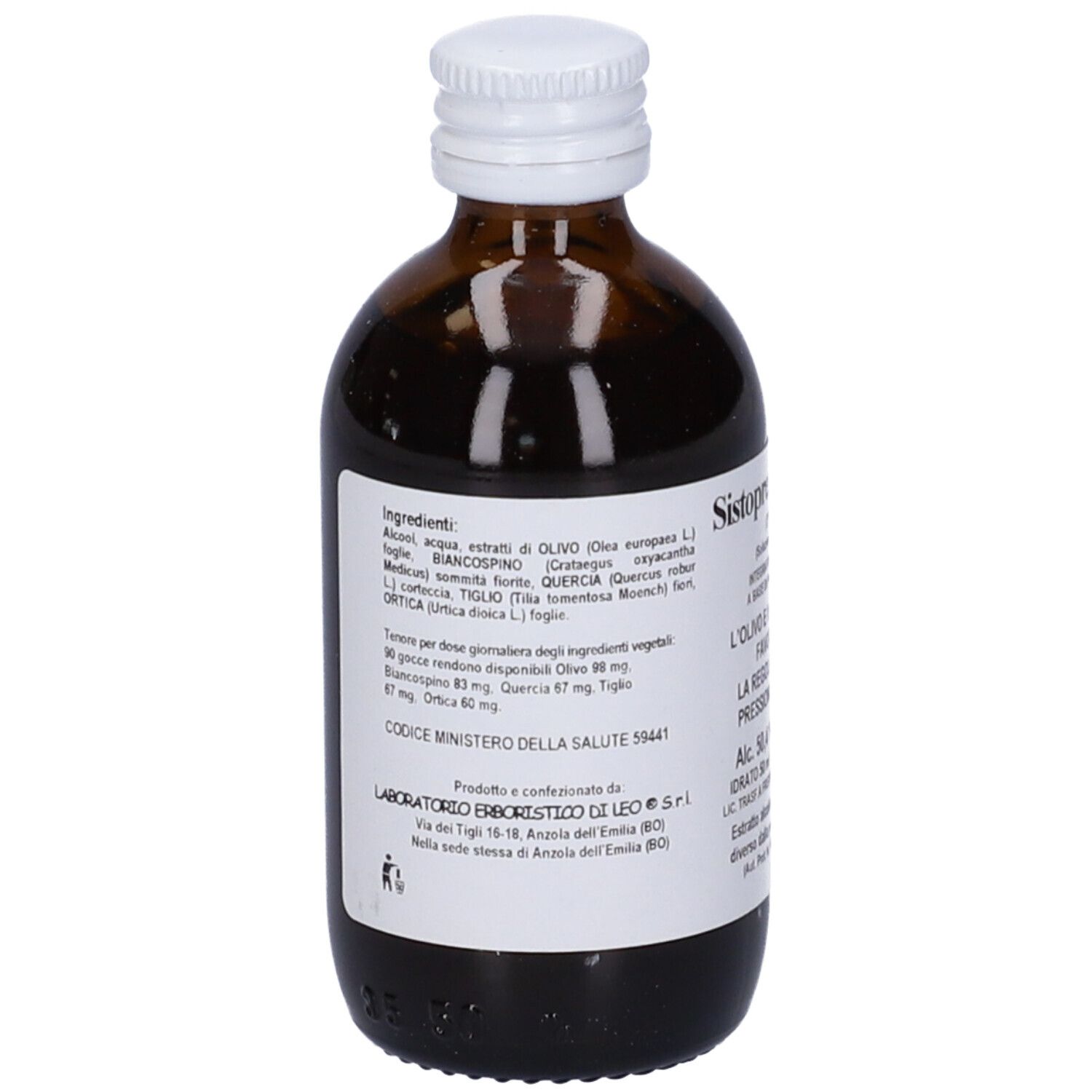 Flacone in vetro marrone con tappo bianco. Etichetta con ingredienti e informazioni produttore. Testo in italiano.