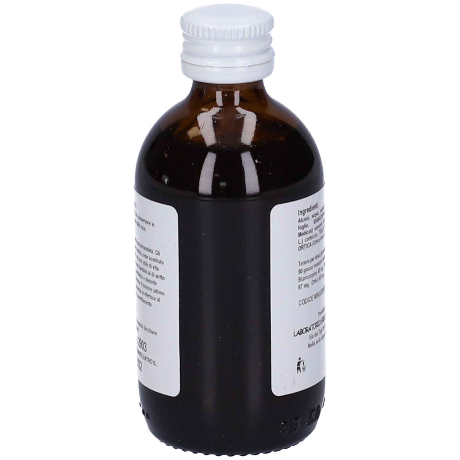 Flacone in vetro marrone con tappo bianco. Retro con etichetta. Testo in italiano.
