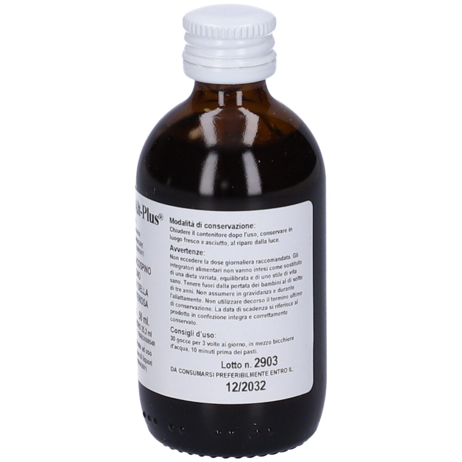 Flacone in vetro marrone con tappo bianco. Etichetta con istruzioni per l'uso e data di scadenza. Testo in italiano.