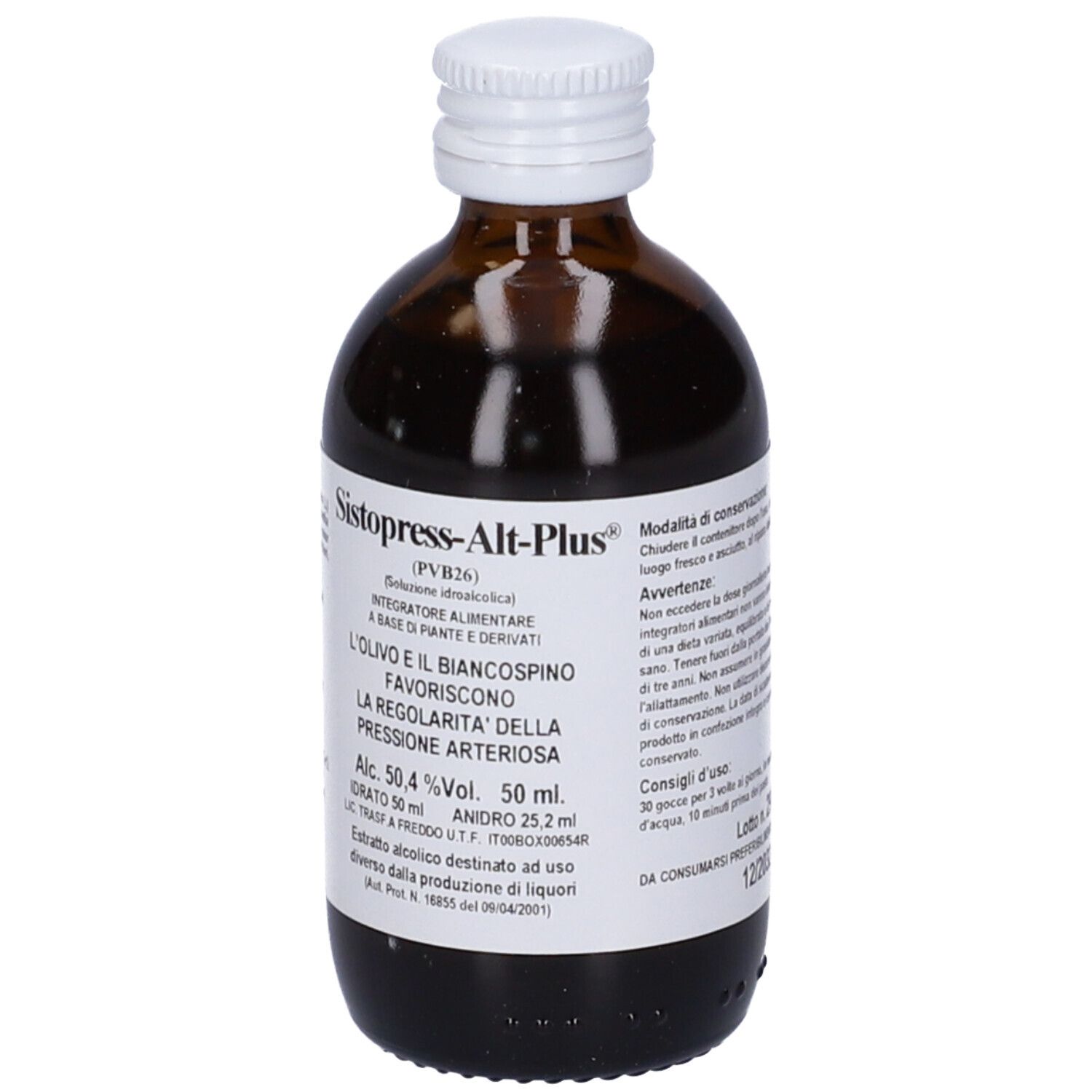 Flacone in vetro marrone con tappo bianco. Etichetta con testo: Sistopress-Alt-Plus. Contiene liquido.