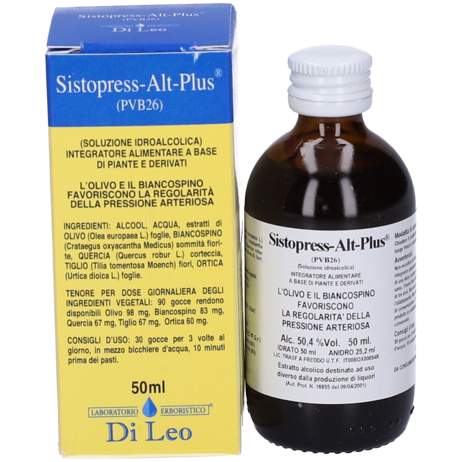 Flacone in vetro marrone e scatola blu. Etichetta: Sistopress-Alt-Plus. Flacone con tappo bianco.