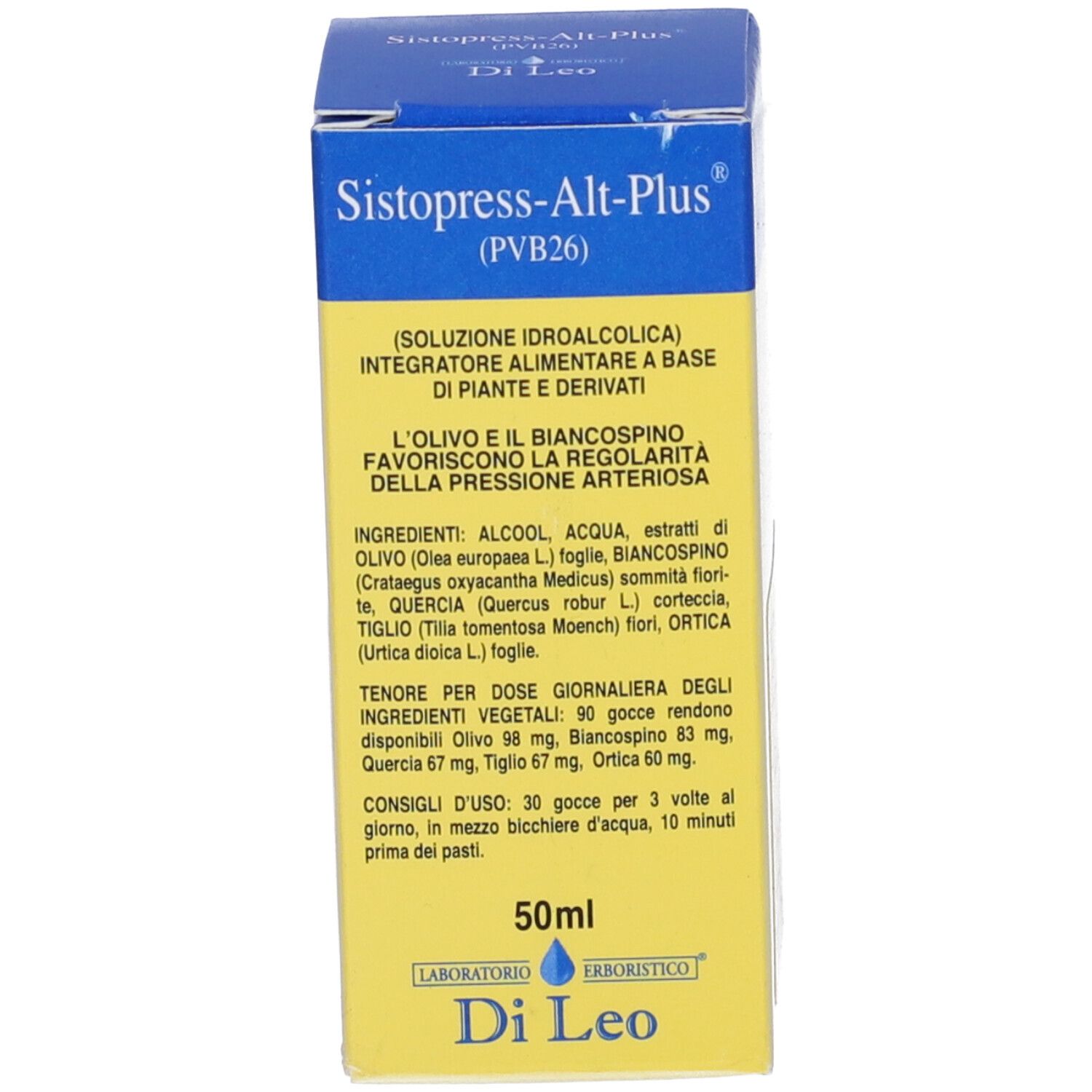 Scatola blu. Etichetta: Sistopress-Alt-Plus. Contiene informazioni. Logo giallo.