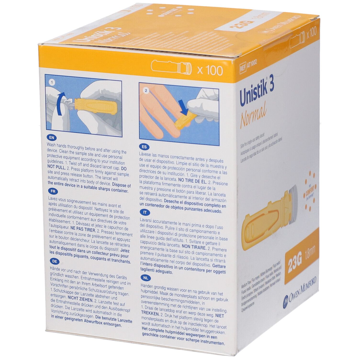 Retro della scatola Unistik 3 Normal. Istruzioni per l'uso. Illustrazioni. Owen Mumford.