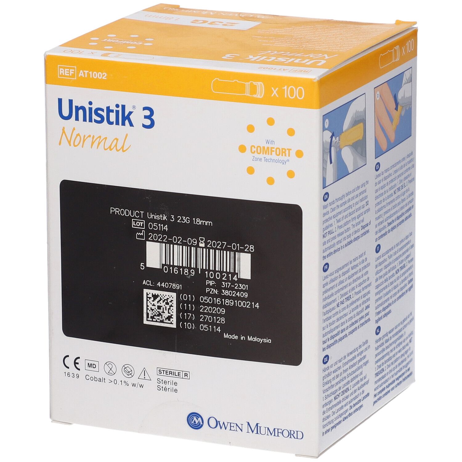 Retro della scatola Unistik 3 Normal. Informazioni sul prodotto, numero di lotto, data di scadenza. Owen Mumford.