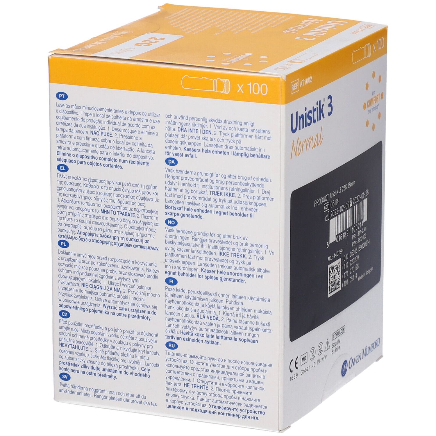 Retro della scatola Unistik 3 Normal. Istruzioni multilingue. Owen Mumford.