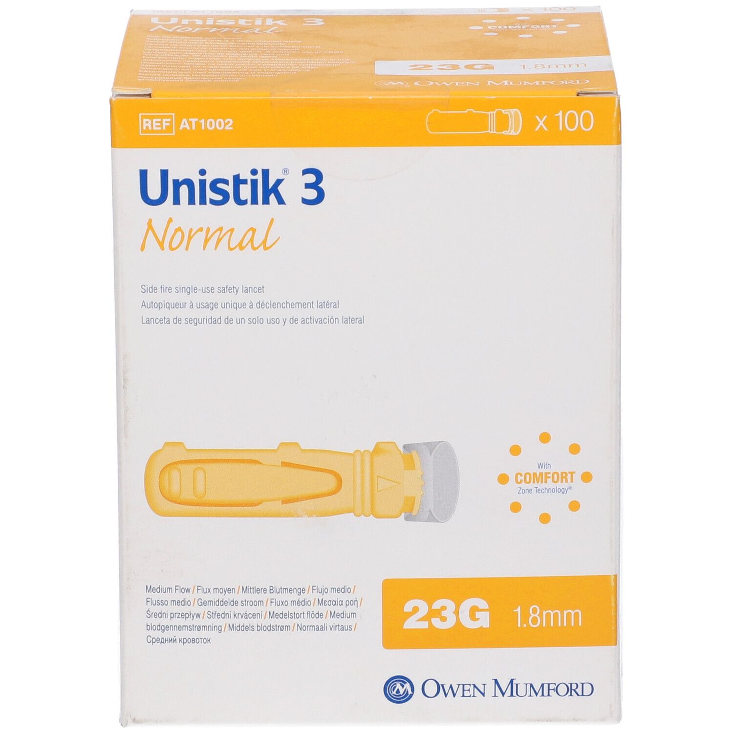 Scatola di lancette Unistik 3 Normal gialle. 23G, 1.8mm. 100 pezzi. Con dispositivo di sicurezza. Owen Mumford.