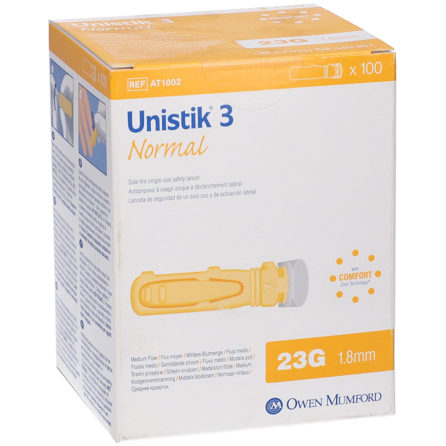 Scatola di lancette Unistik 3 Normal gialle. 23G, 1.8mm. 100 pezzi. Con dispositivo di sicurezza. Owen Mumford.