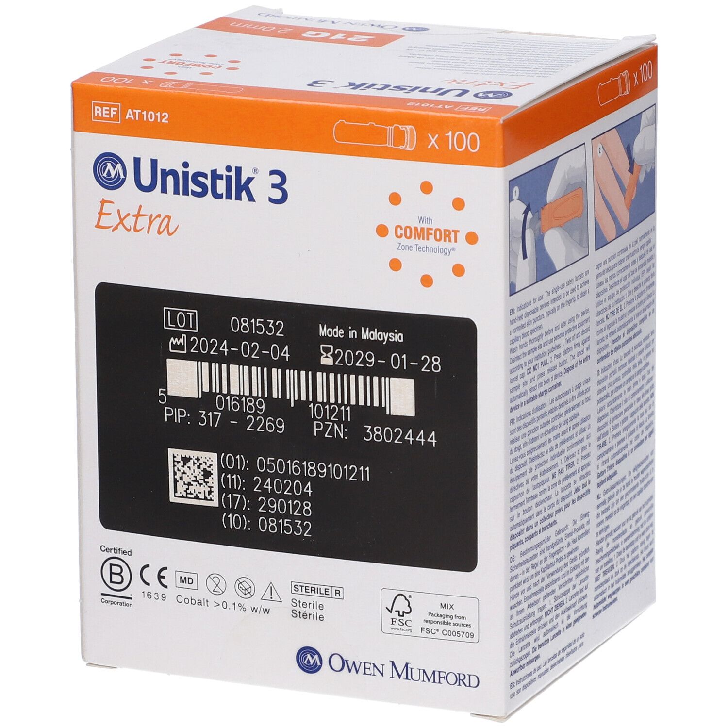 Confezione di Unistik 3 Extra. Contiene 100 lancette. Numero di lotto e data di scadenza. 21G 2.0mm. Con dispositivo di sicurezza.