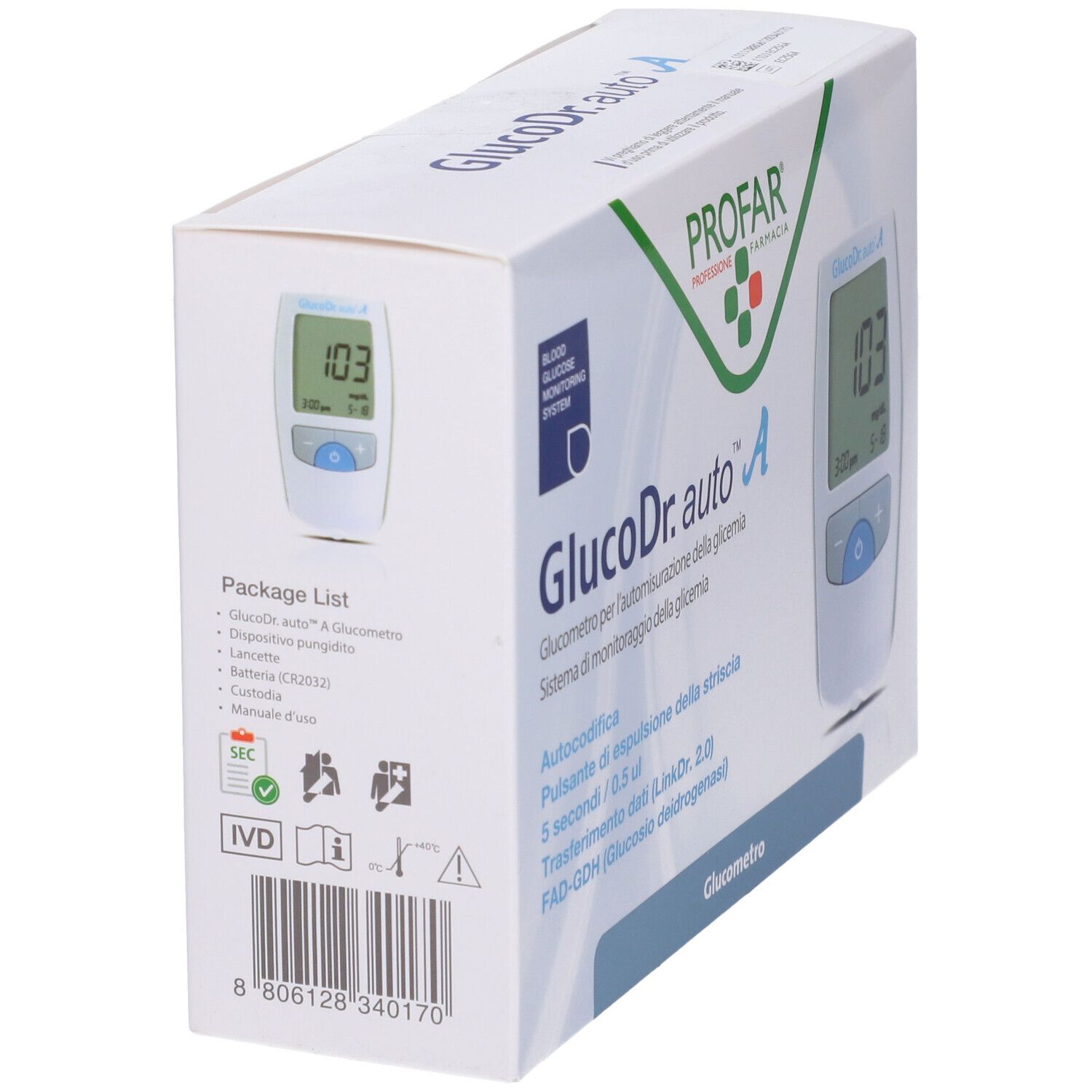 Confezione di GlucoDr. auto A. Scritto: Glucometro, Profar, misuratore con display. Retro con informazioni e codice a barre.
