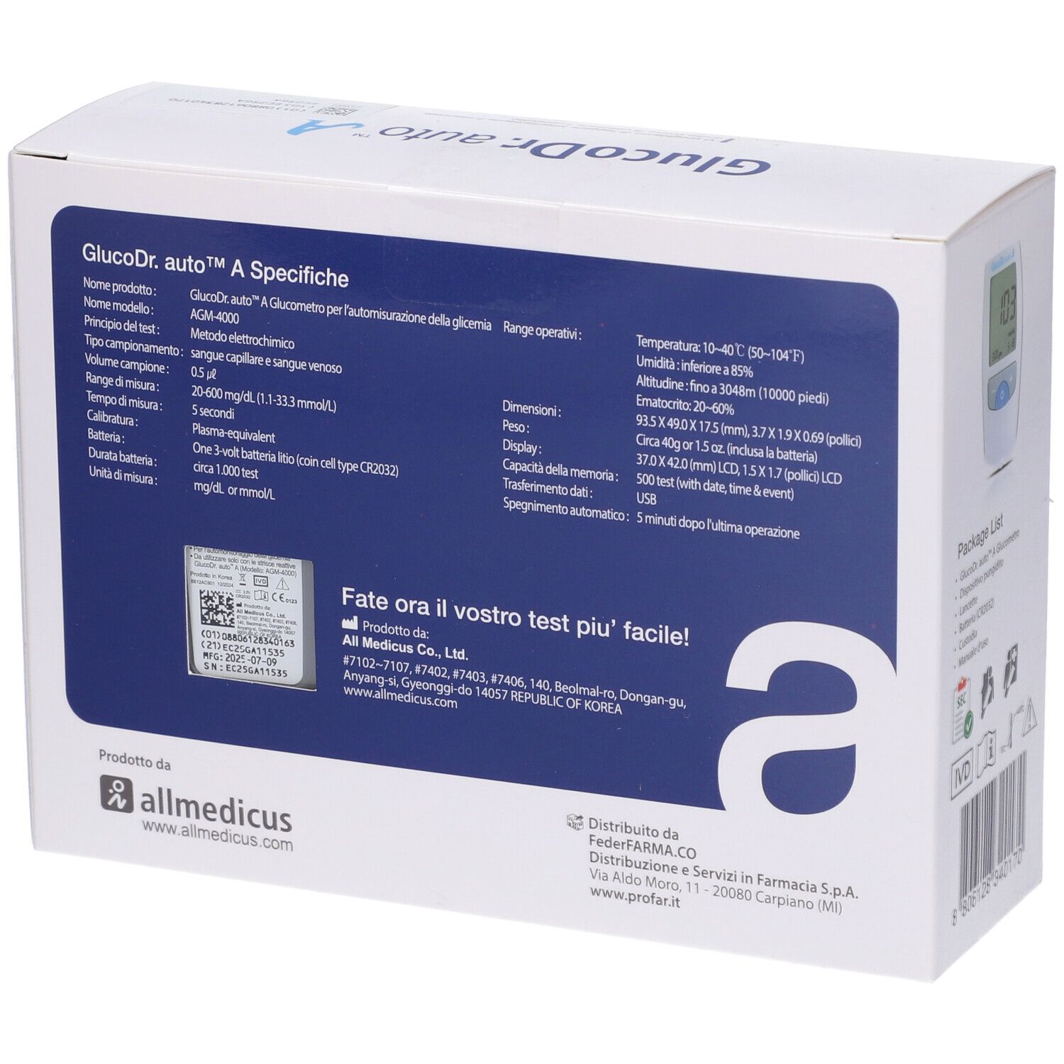 Retro della confezione di GlucoDr. auto A. Informazioni sul prodotto, specifiche tecniche, indirizzo del produttore e immagine del display.