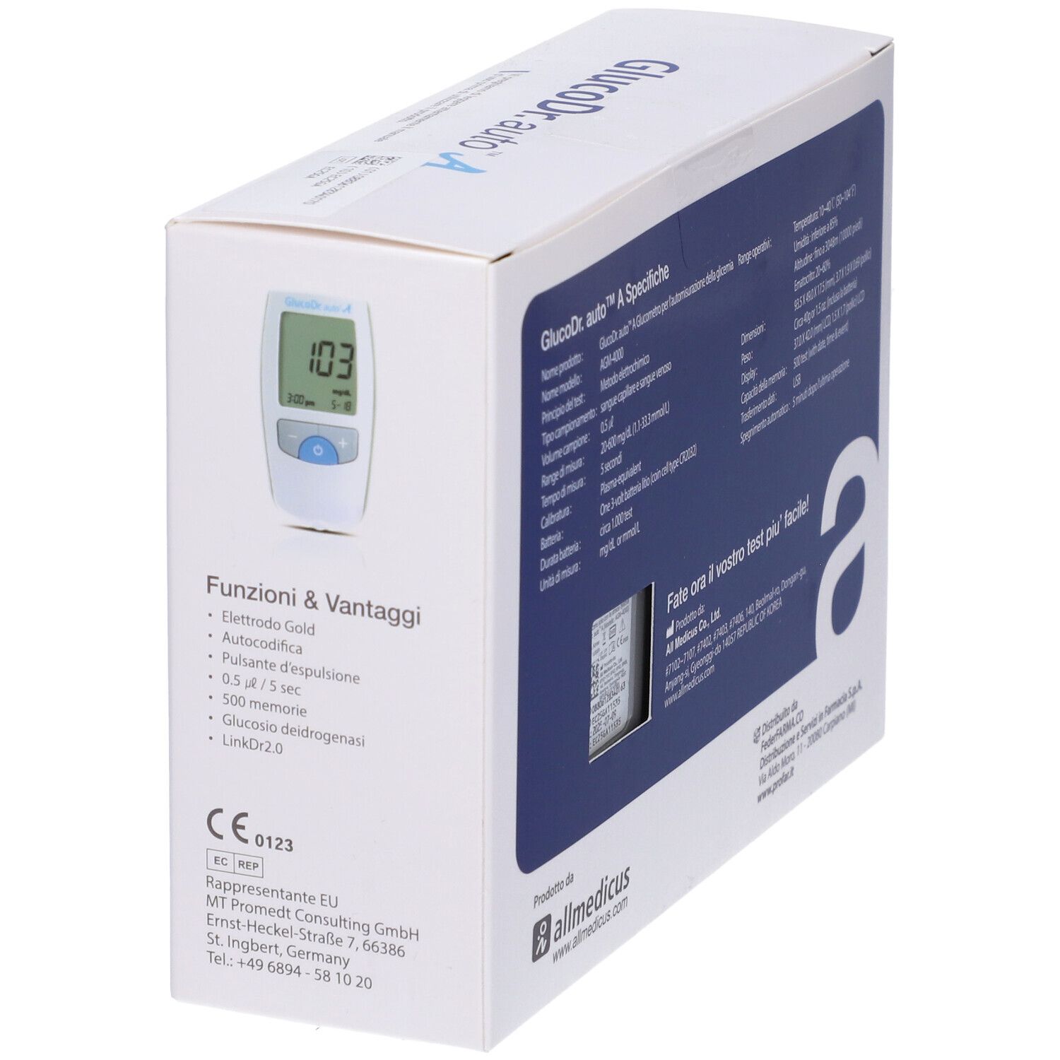 Confezione di GlucoDr. auto A. Scritto: Glucometro, Profar, misuratore con display. Lato con caratteristiche e marchio CE.