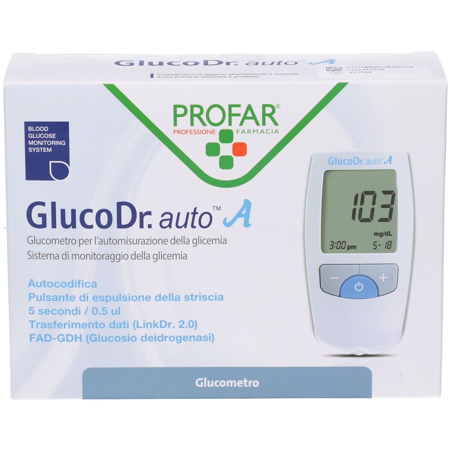 Confezione di GlucoDr. auto A. Scritto: Glucometro, Profar, misuratore con display. Display: 103 mg/dL, ora, data.