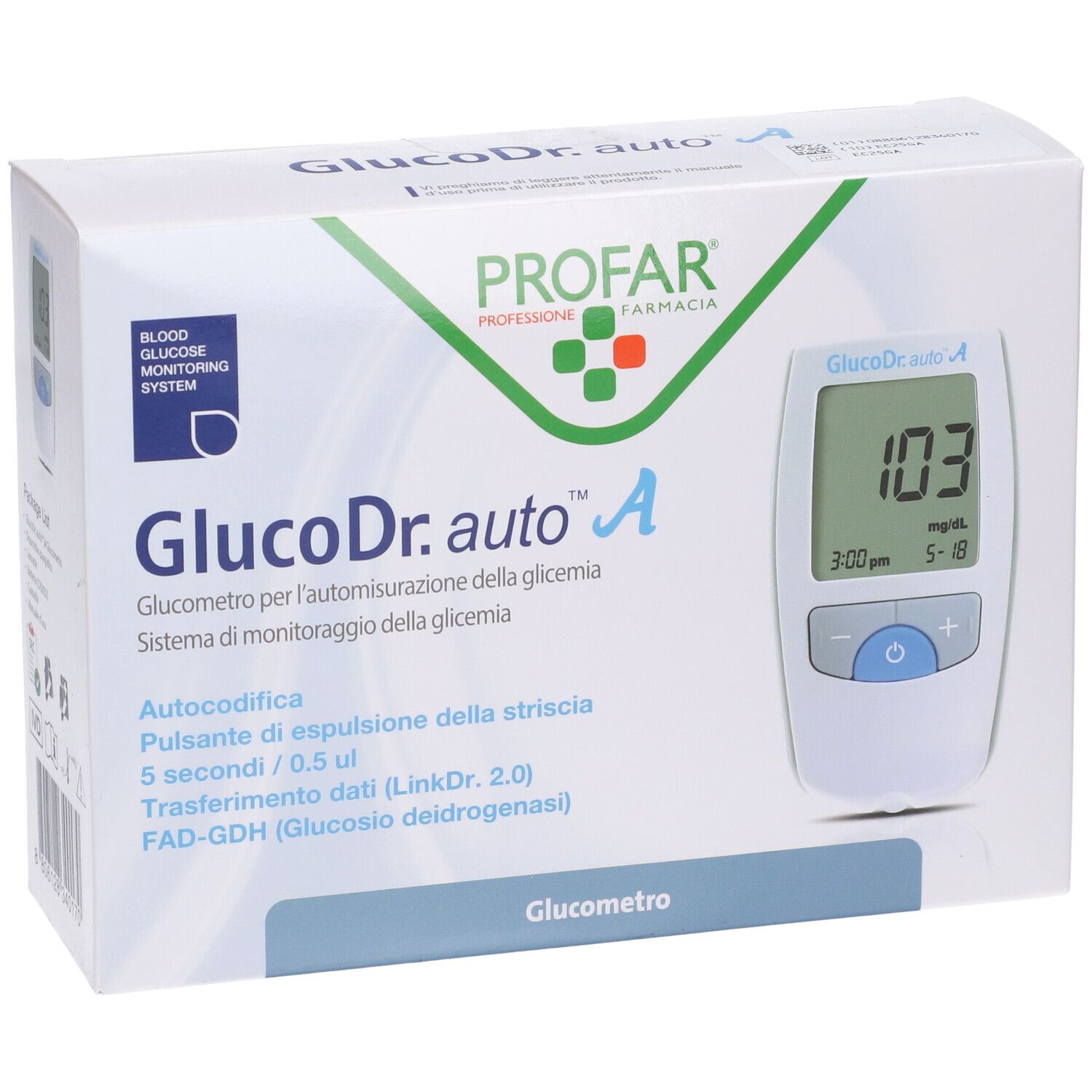 Confezione di GlucoDr. auto A. Scritto: Glucometro, Profar, misuratore con display. Display: 103 mg/dL, ora, data.