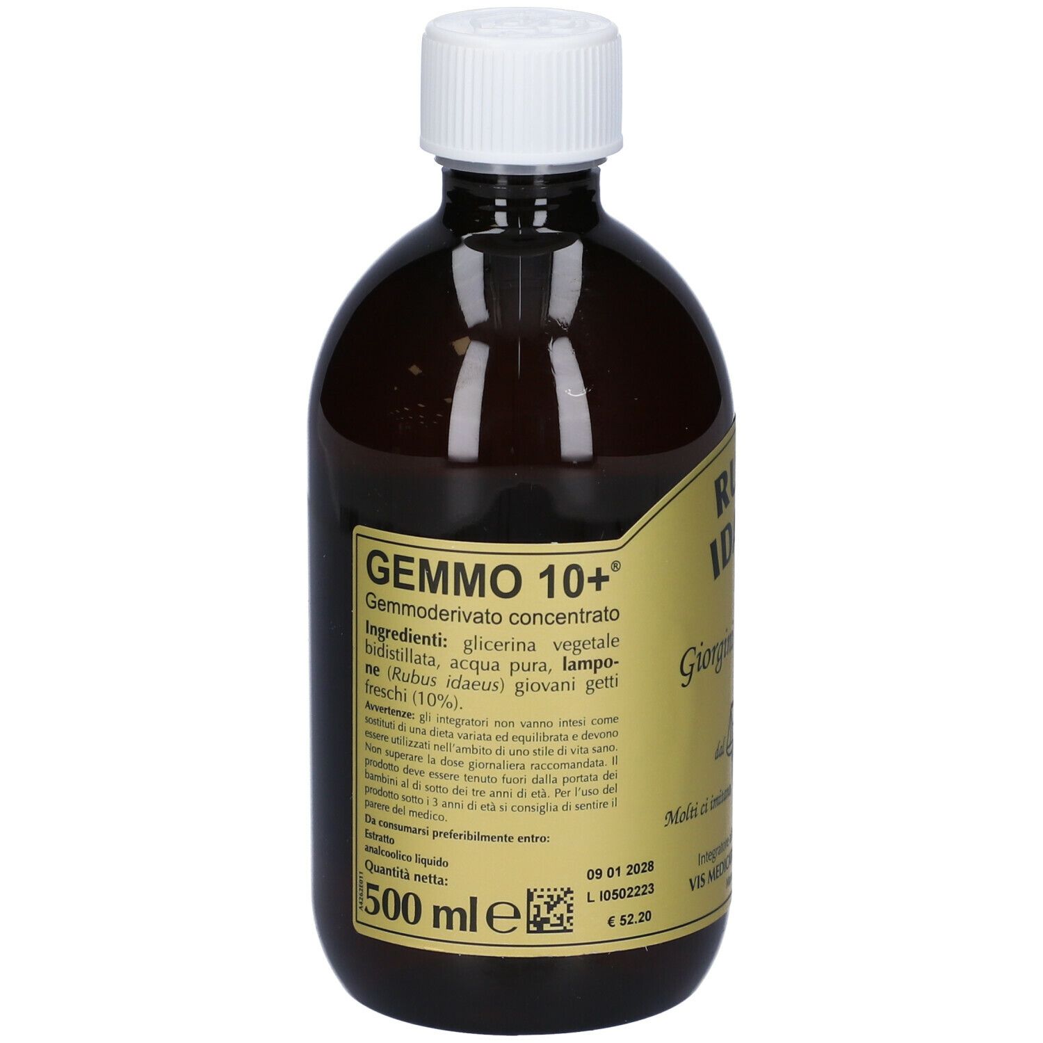 Bottiglia marrone con tappo bianco. Etichetta con informazioni e ingredienti. Scritta: Gemmo 10+ 500 ml.