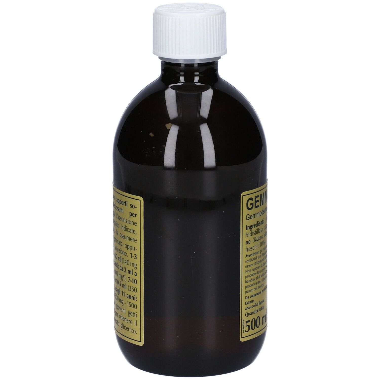 Bottiglia marrone con tappo bianco. Etichetta con informazioni prodotto. Scritta: Gemmo 10+ 500 ml.