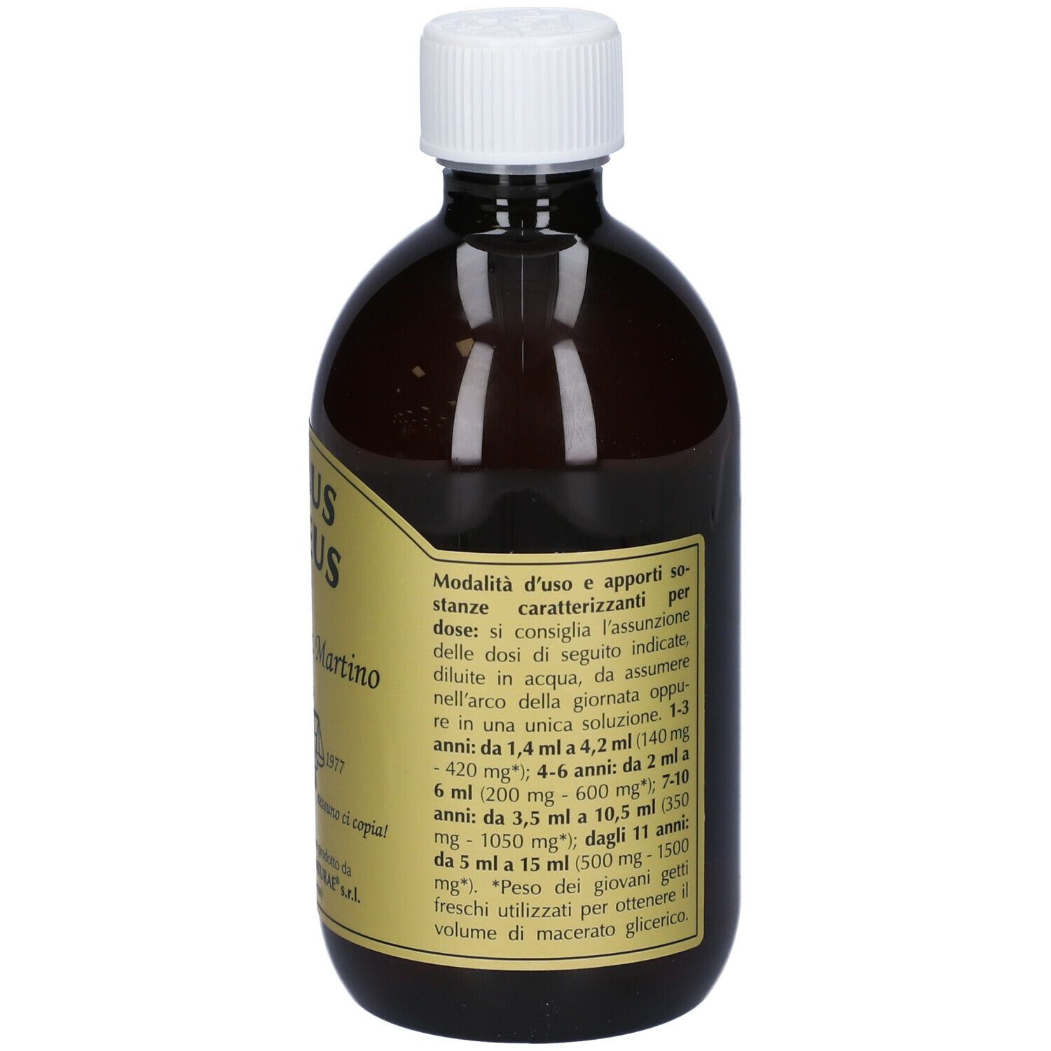 Bottiglia marrone con tappo bianco. Etichetta con istruzioni per il dosaggio. Scritta: Rubus Idaeus.