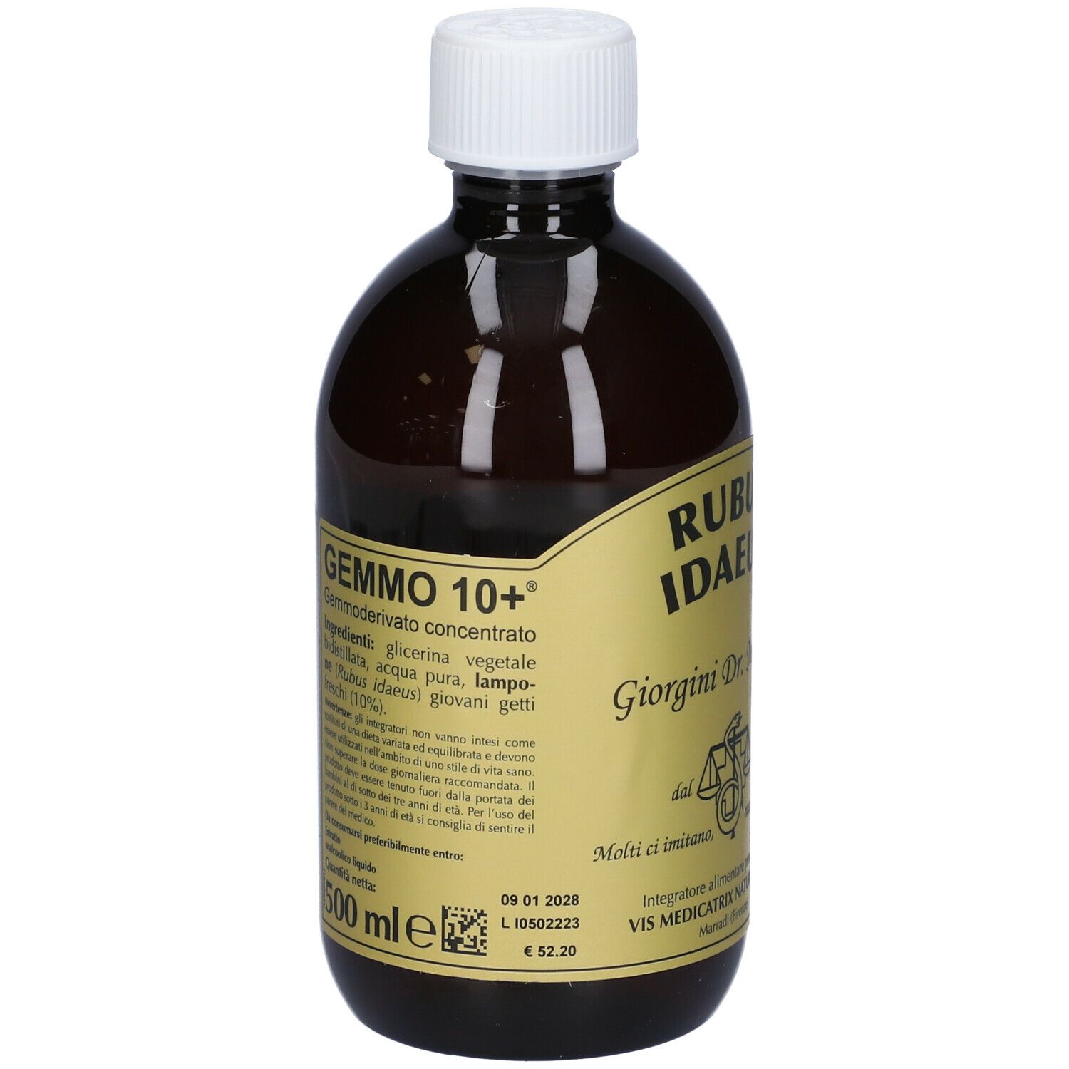 Bottiglia marrone con tappo bianco. Etichetta con informazioni e logo. Scritta: Gemmo 10+ 500 ml.