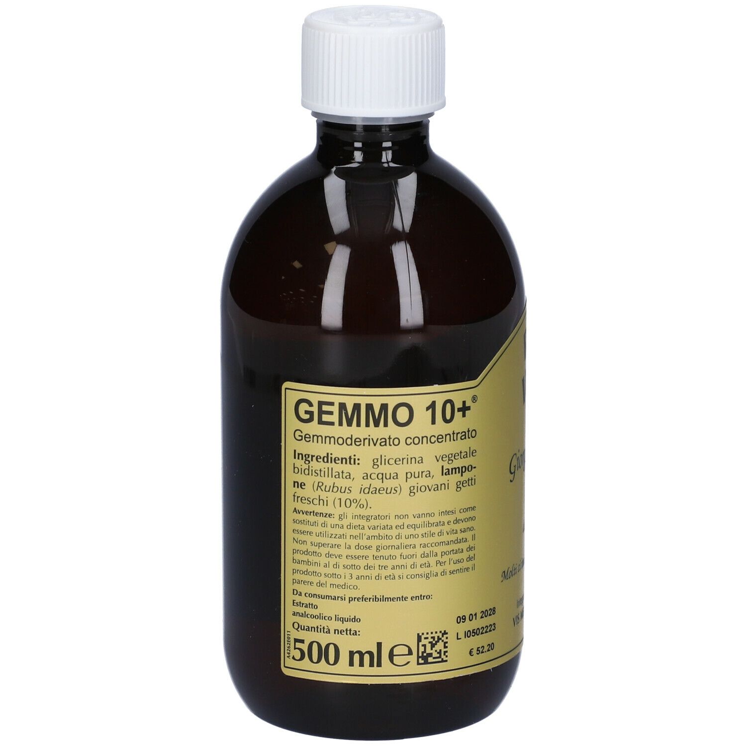 Bottiglia marrone con tappo bianco. Etichetta con informazioni e logo. Scritta: Gemmo 10+ 500 ml.