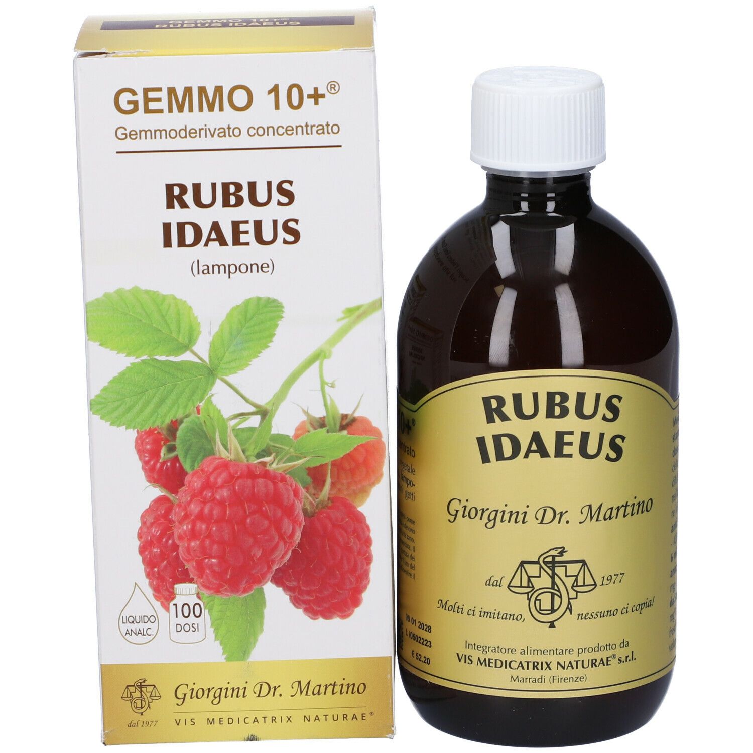 Bottiglia e confezione. Confezione con immagine di lamponi. Scritta: Gemmo 10+ Rubus Idaeus.