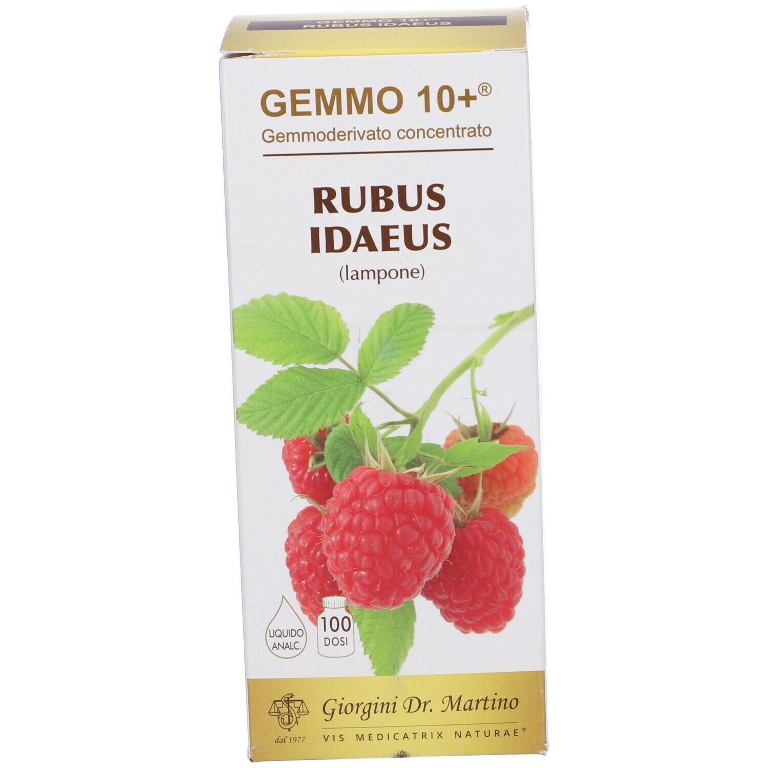 Confezione con immagine di lamponi. Scritta: Gemmo 10+ Rubus Idaeus.
