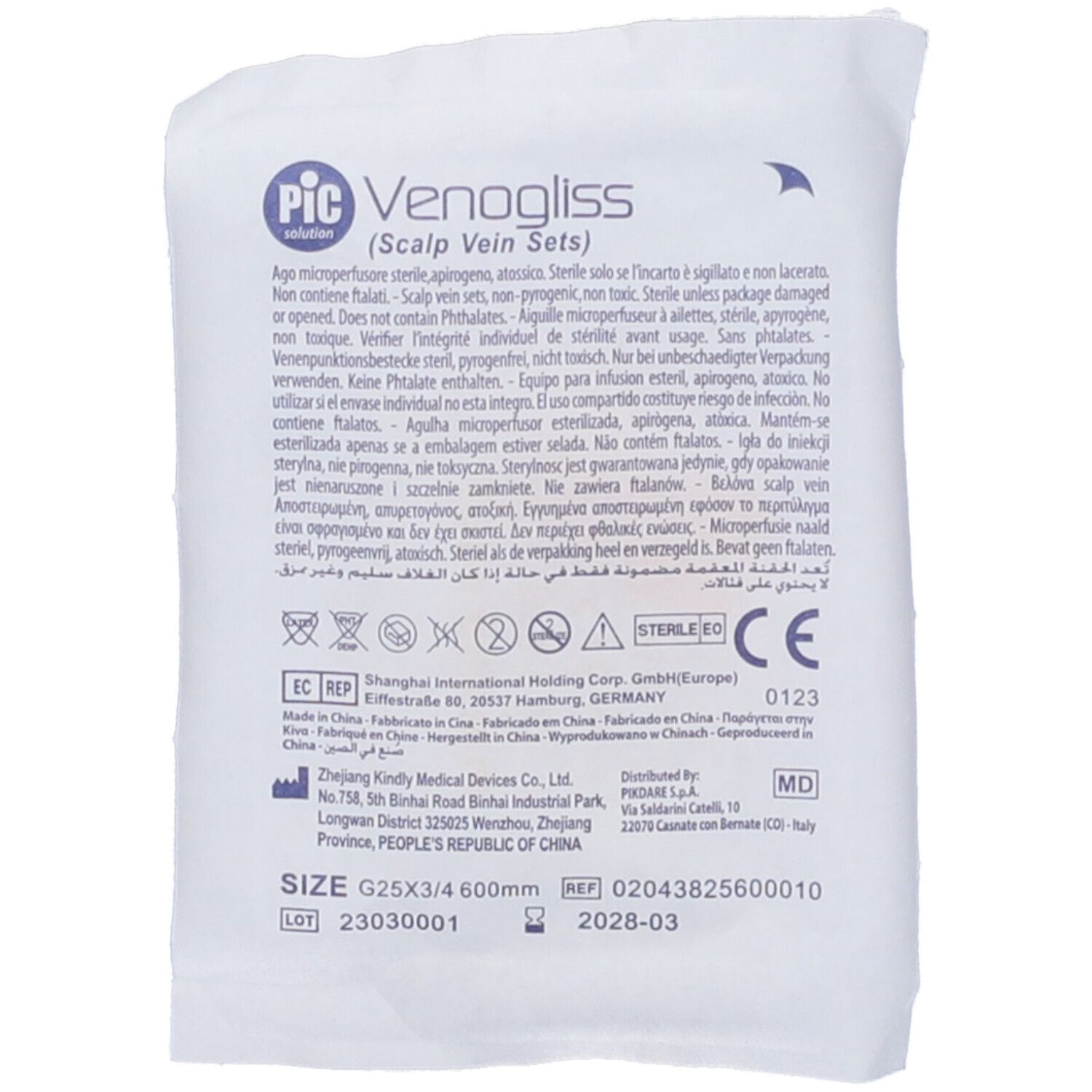 Confezione con informazioni sul prodotto. Scritta: PIC Venogliss (Scalp Vein Sets). Sterile, marchio CE, misura G25x3/4 600mm.
