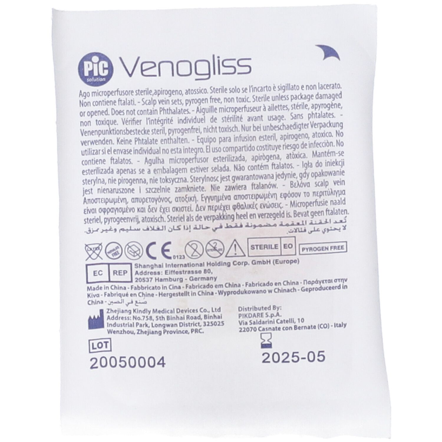 Confezione con testo: PIC Venogliss, ago sterile. Informazioni su sterilità, produttore, lotto e scadenza.