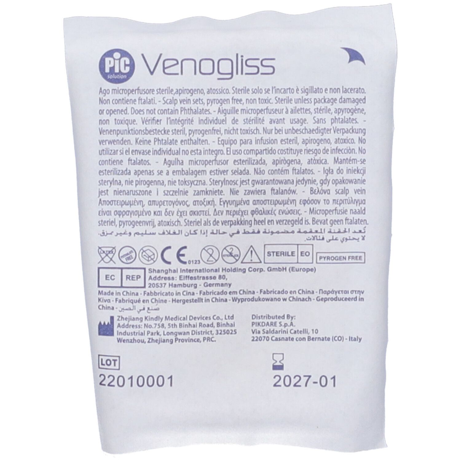 Confezione del microperfusore sterile PIC Venogliss. Testo, loghi, certificazioni.