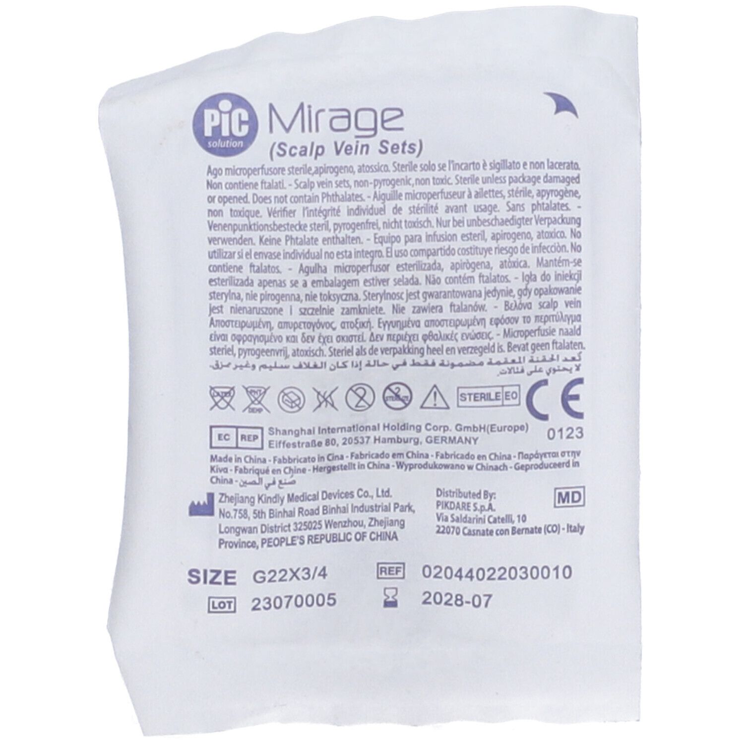 PIC Mirage (Scalp Vein Sets). Confezione sterile. Misura G22x3/4. Sterile. Marchio CE. Numero di lotto e scadenza.