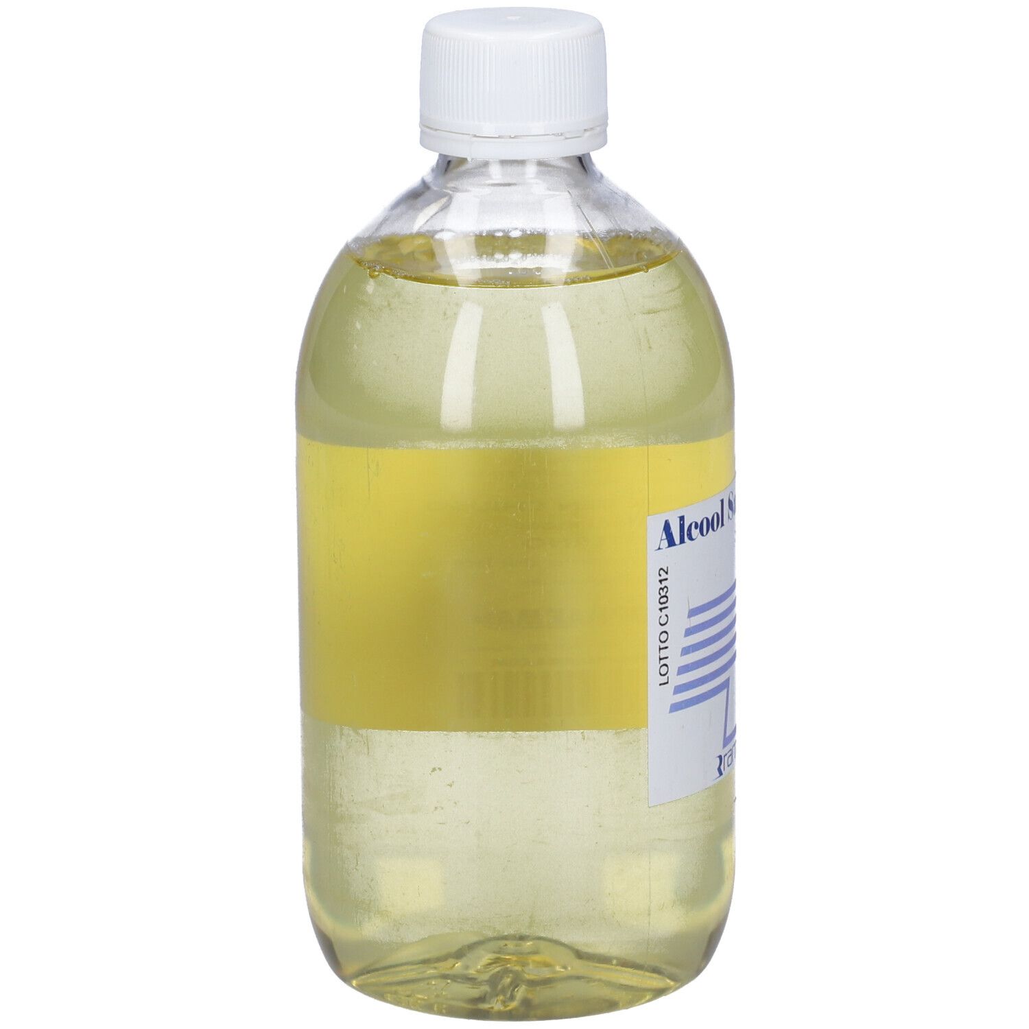 Flacone trasparente con tappo bianco. Scritta: Alcool Saponato Soluzione. Etichetta con logo e testo.